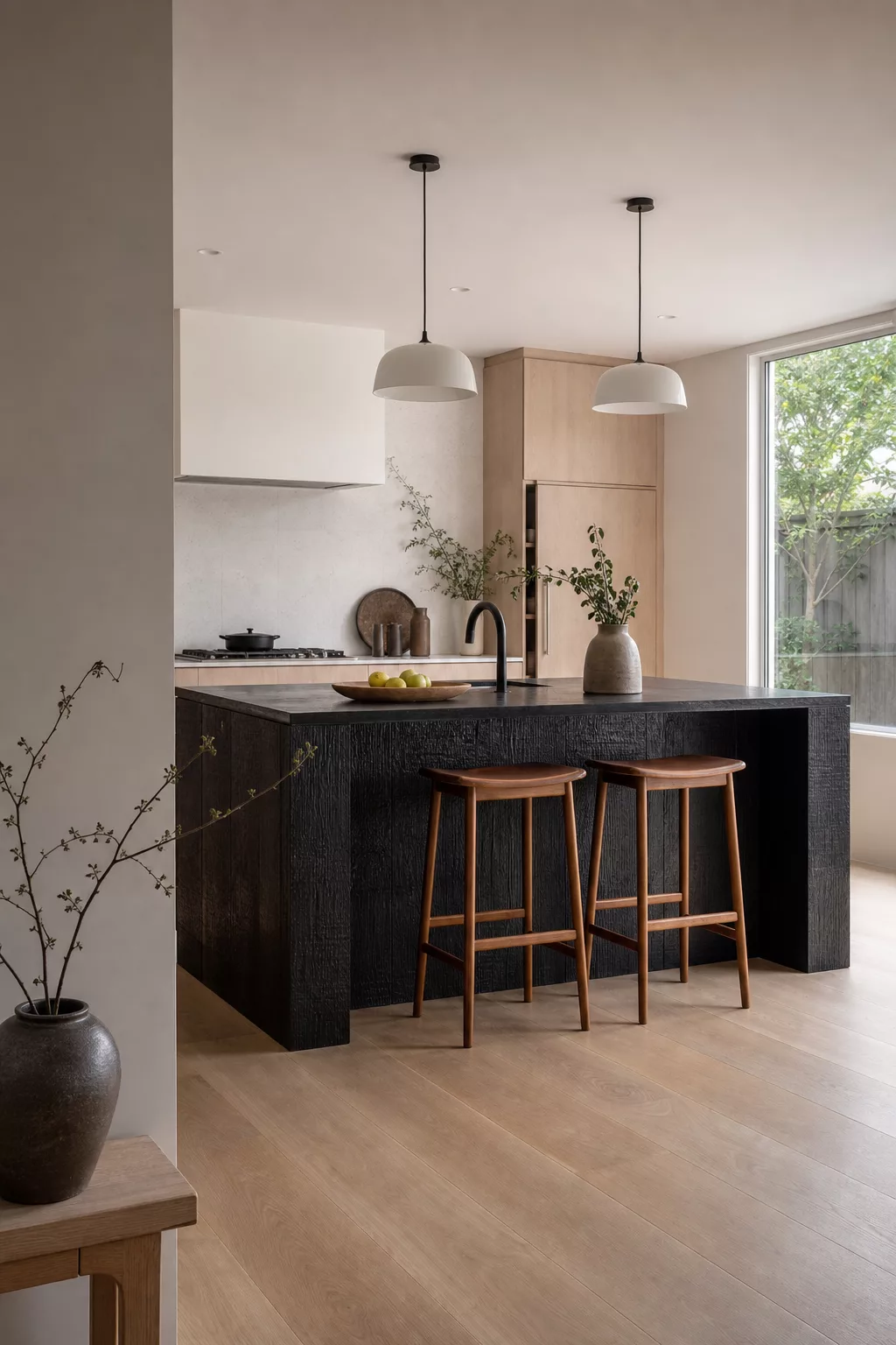 Charred wood kitchen island in a minimalist Japandi Kitchen Design Ideas space