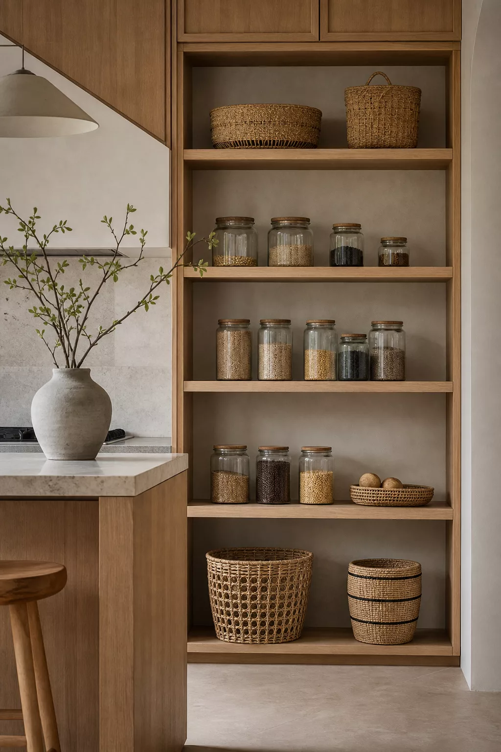 Open wood pantry shelves with glass jars and woven baskets, a Japandi kitchen design idea