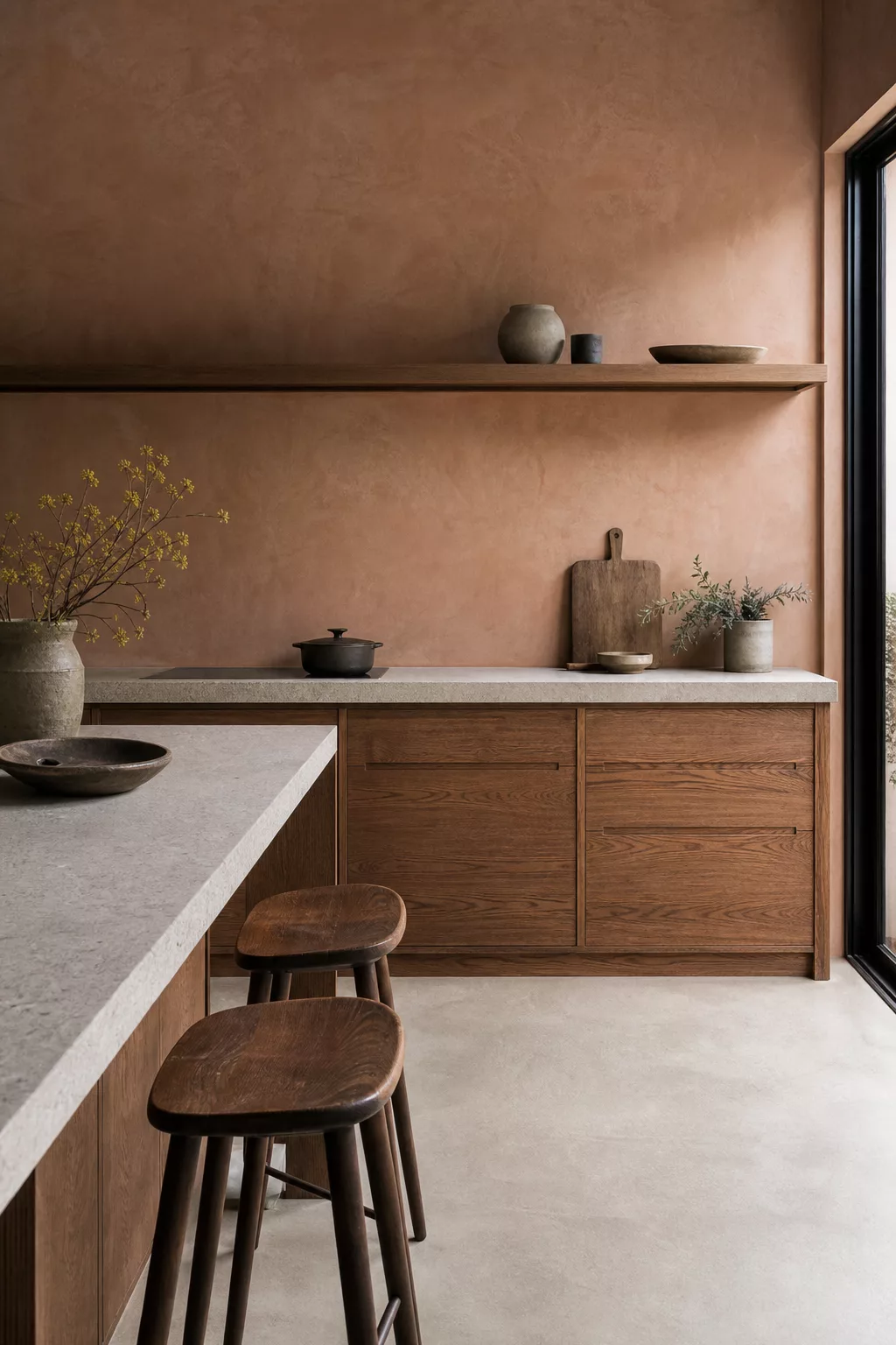 Terracotta clay plaster wall in a Japandi kitchen design ideas feature with oak cabinets