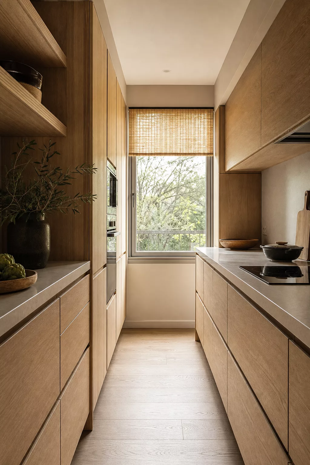 Narrow oak galley kitchen with stone counters, a Japandi kitchen design idea for small spaces