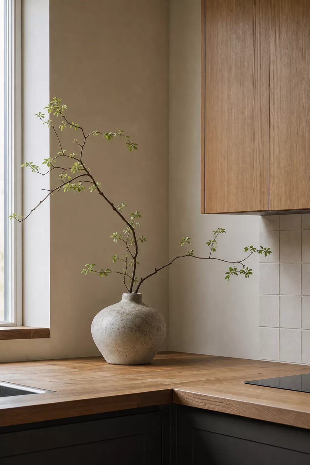 Japandi kitchen design ideas shown through a textured vase and branch on an oak counter corner