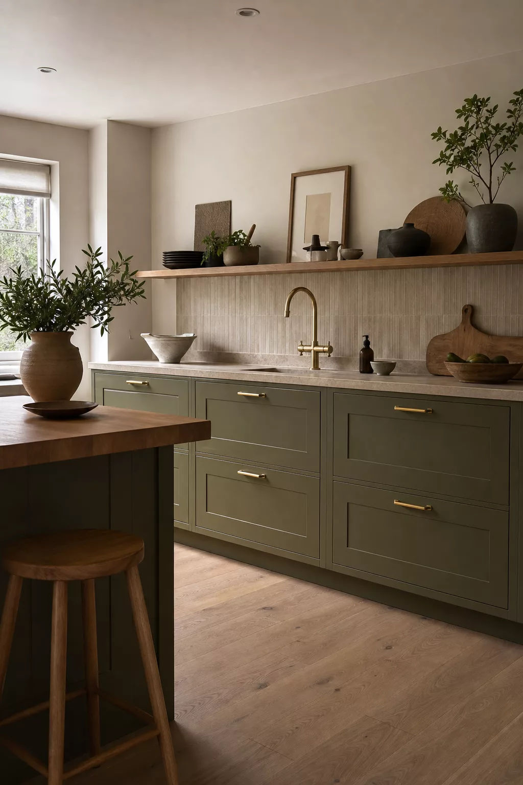 Japandi kitchen design ideas with olive green cabinets and brass hardware accents