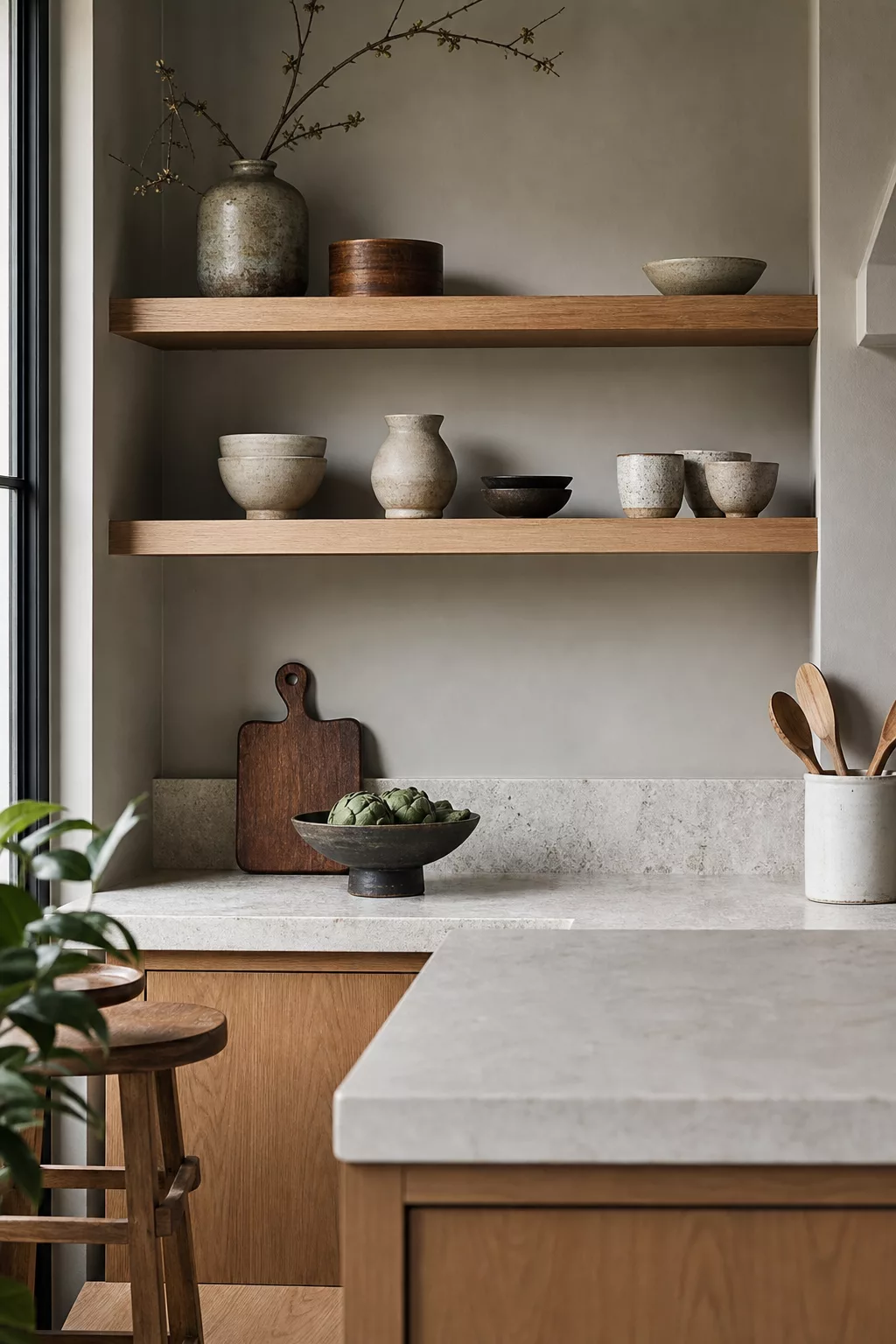 Floating oak shelves with handmade ceramics, a Japandi kitchen design ideas detail