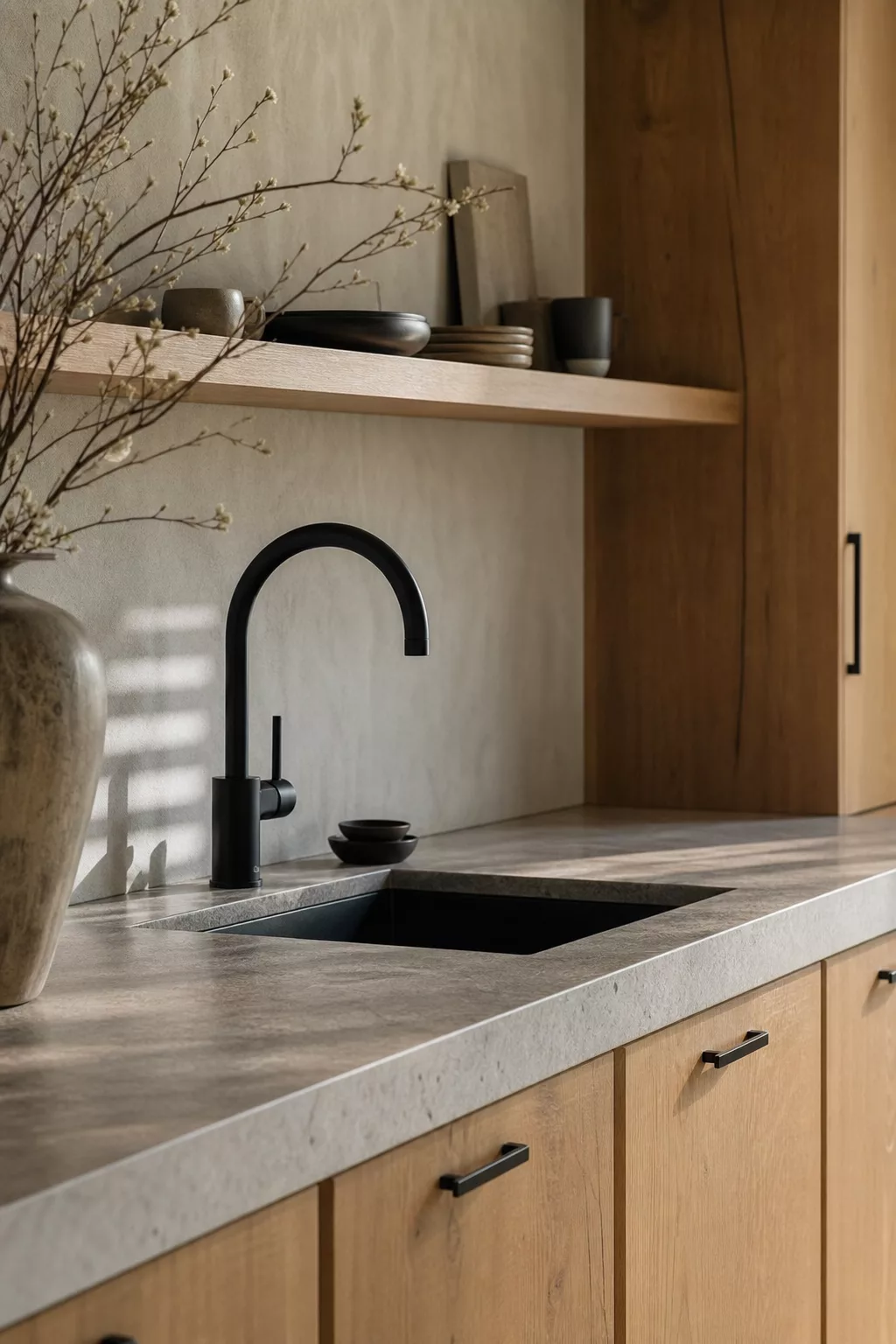 Matte black faucet and hardware in a Japandi kitchen design ideas detail shot