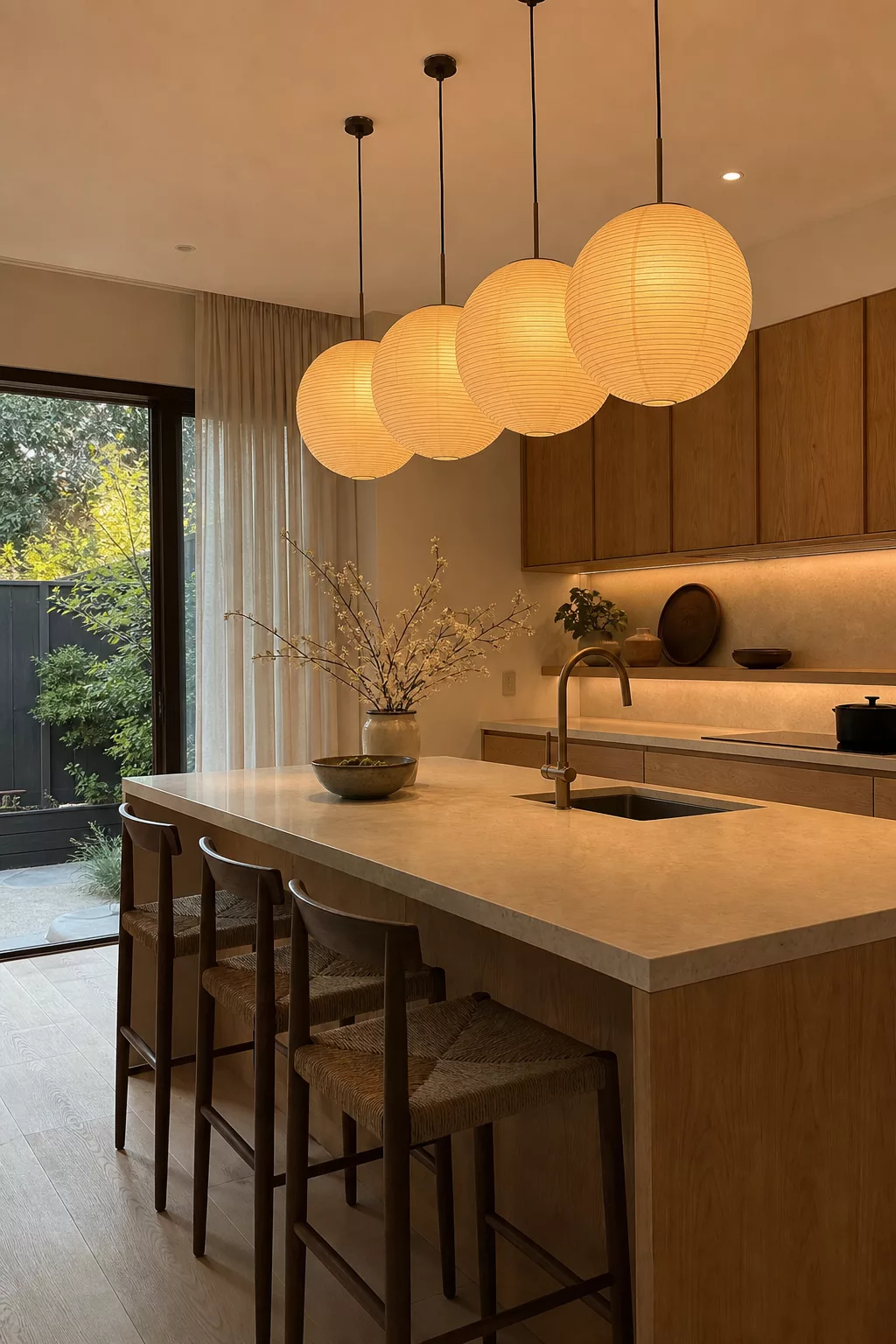 Japandi kitchen design ideas with rice-paper pendant lights glowing over a wood island