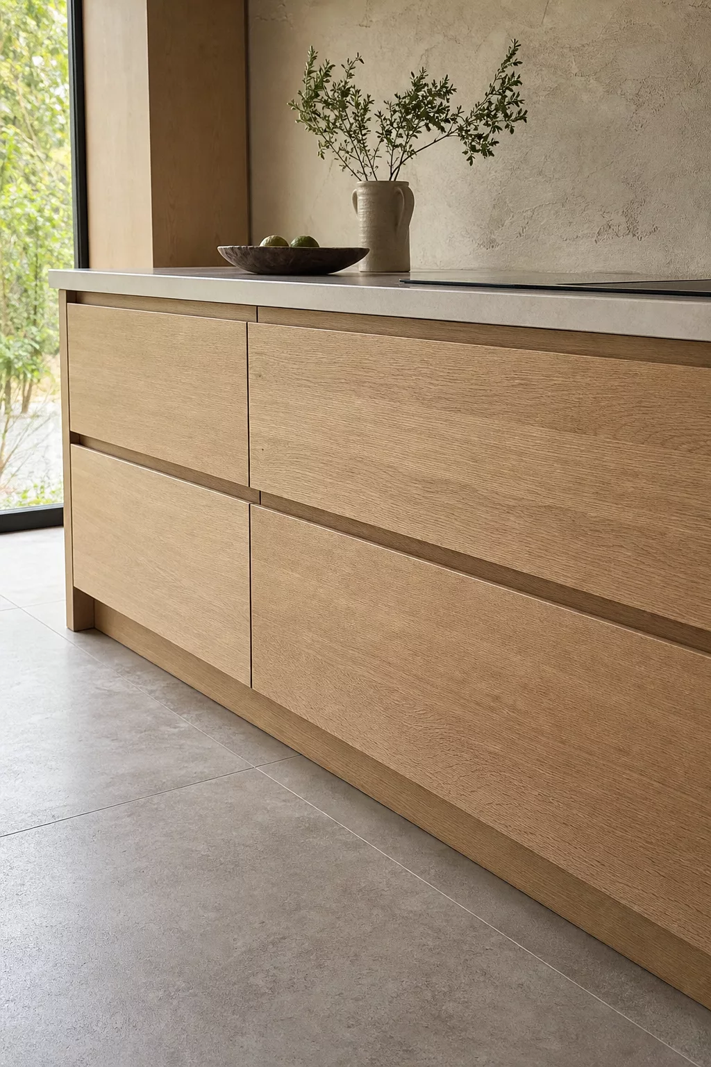 Close-up of recessed handleless oak drawers, a detail from Japandi Kitchen Design Ideas