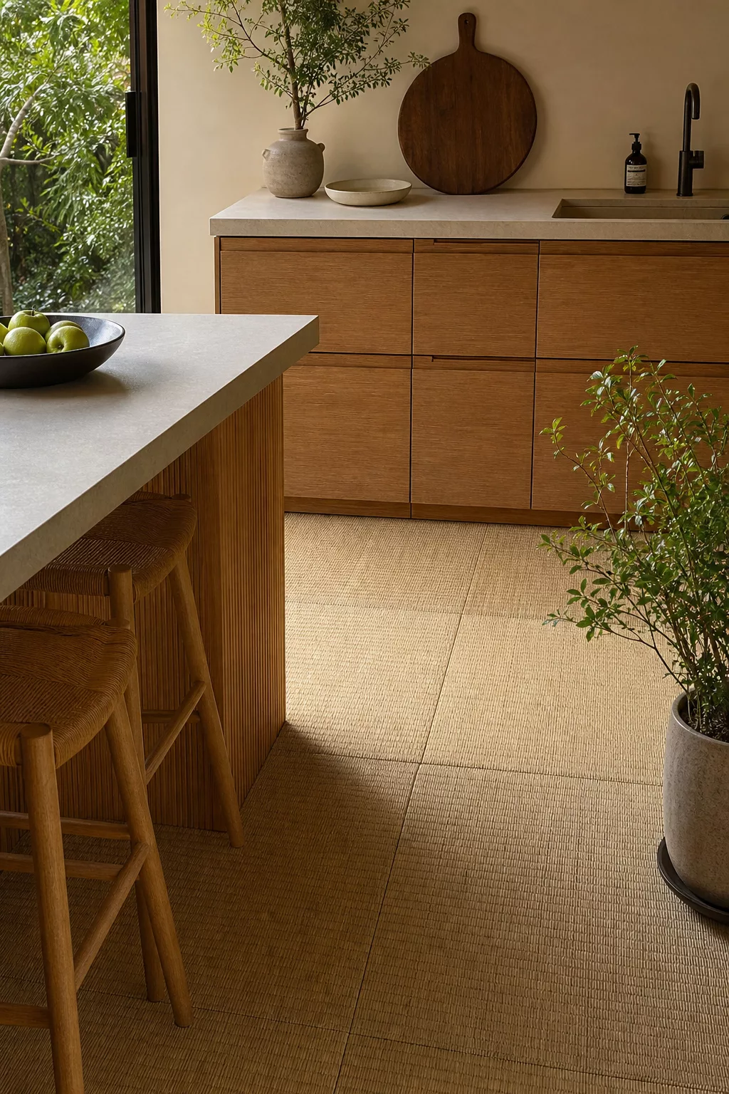 Woven tatami-style flooring in a Japandi kitchen, a great Japandi Kitchen Floor Idea