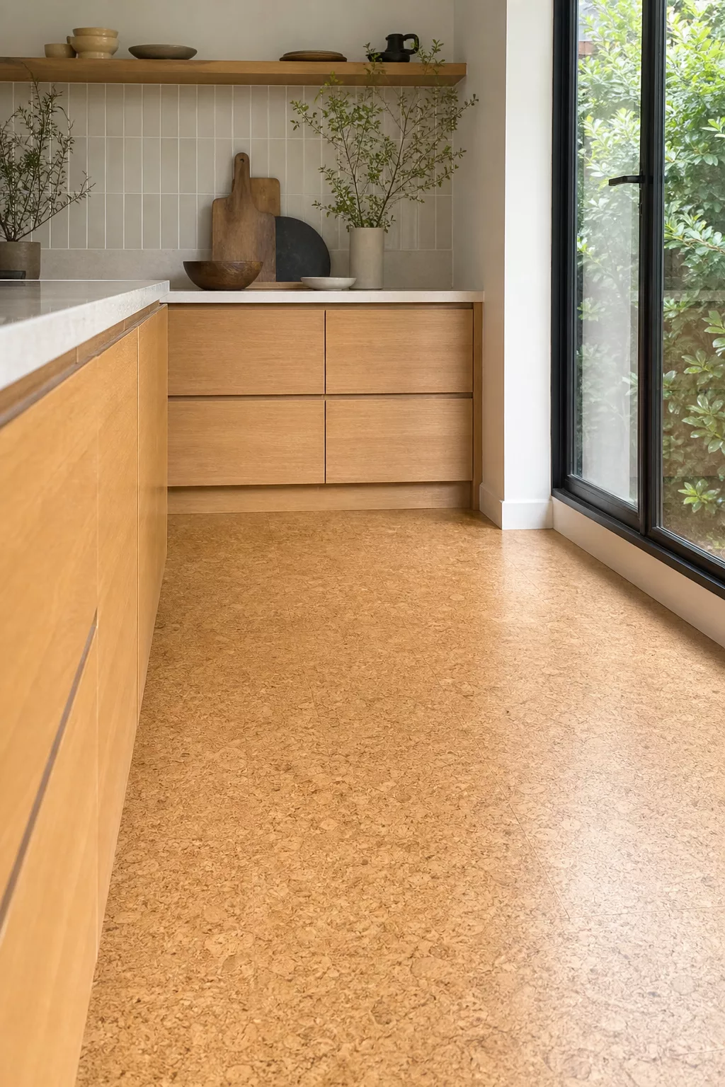 Honey cork flooring in a Japandi kitchen, one of the best Japandi Kitchen Floor Ideas