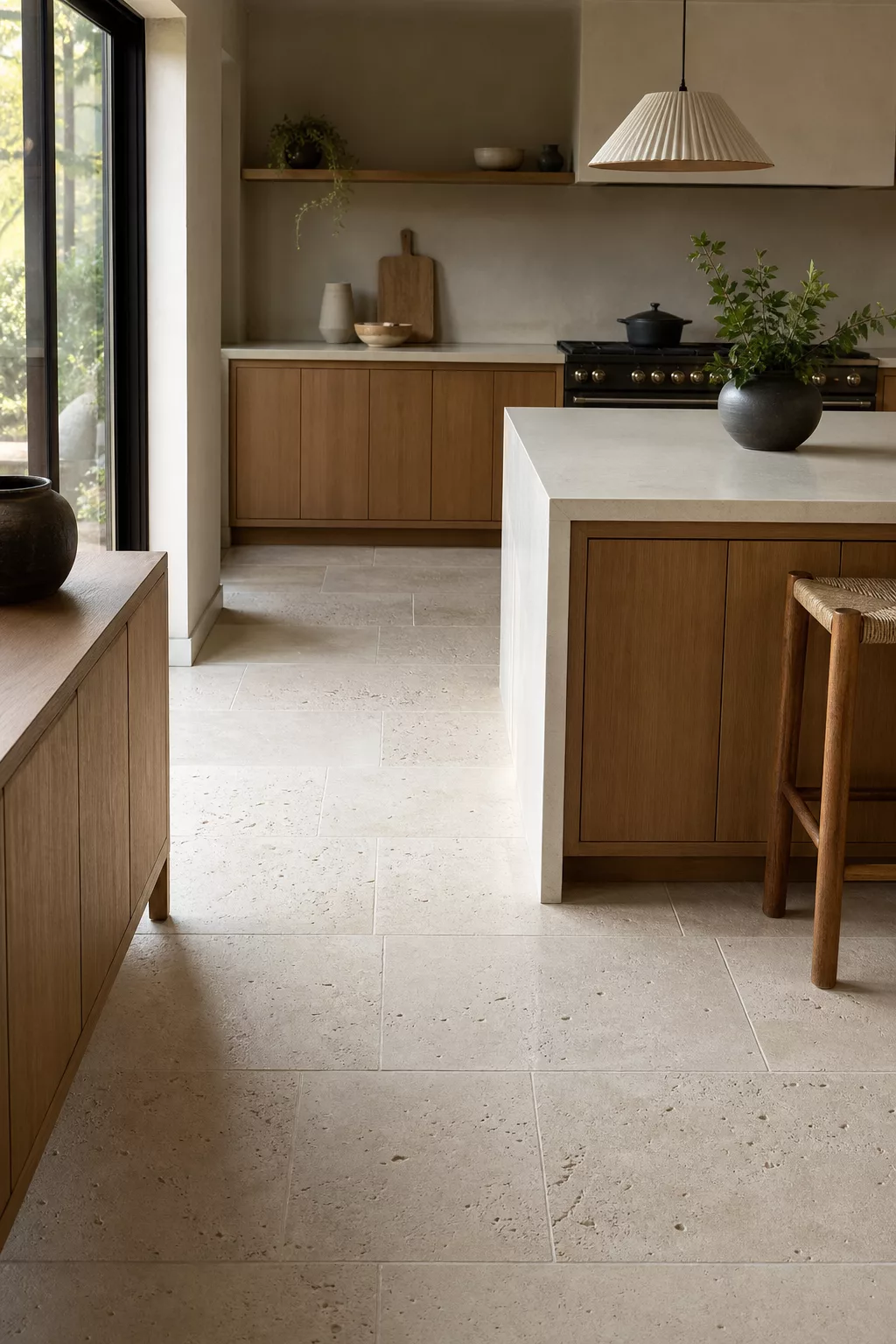 Pale pitted travertine floor tiles in a Japandi kitchen with oak cabinetry