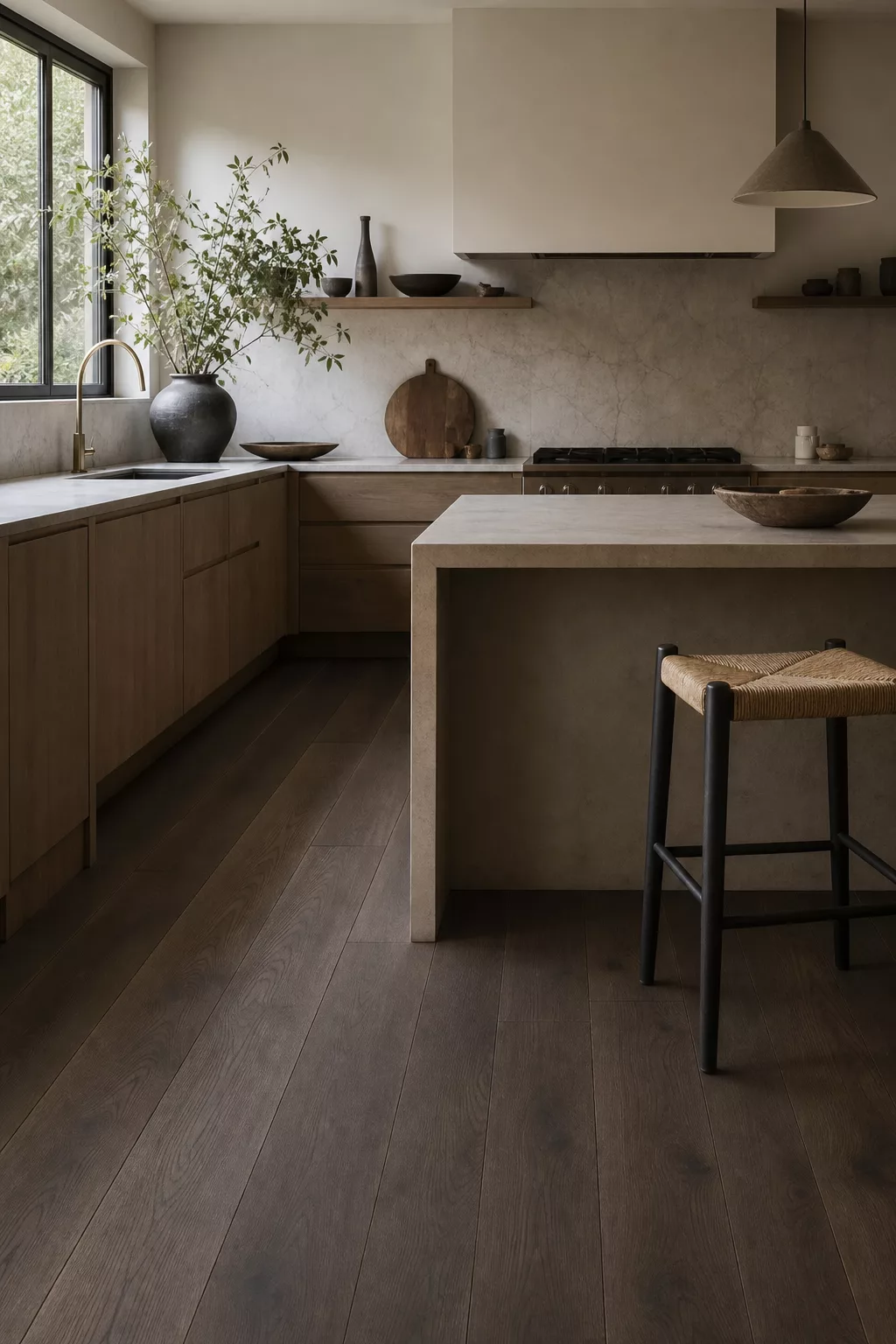 Japandi kitchen floor ideas with smoked oak plank flooring in deep matte gray-brown tone