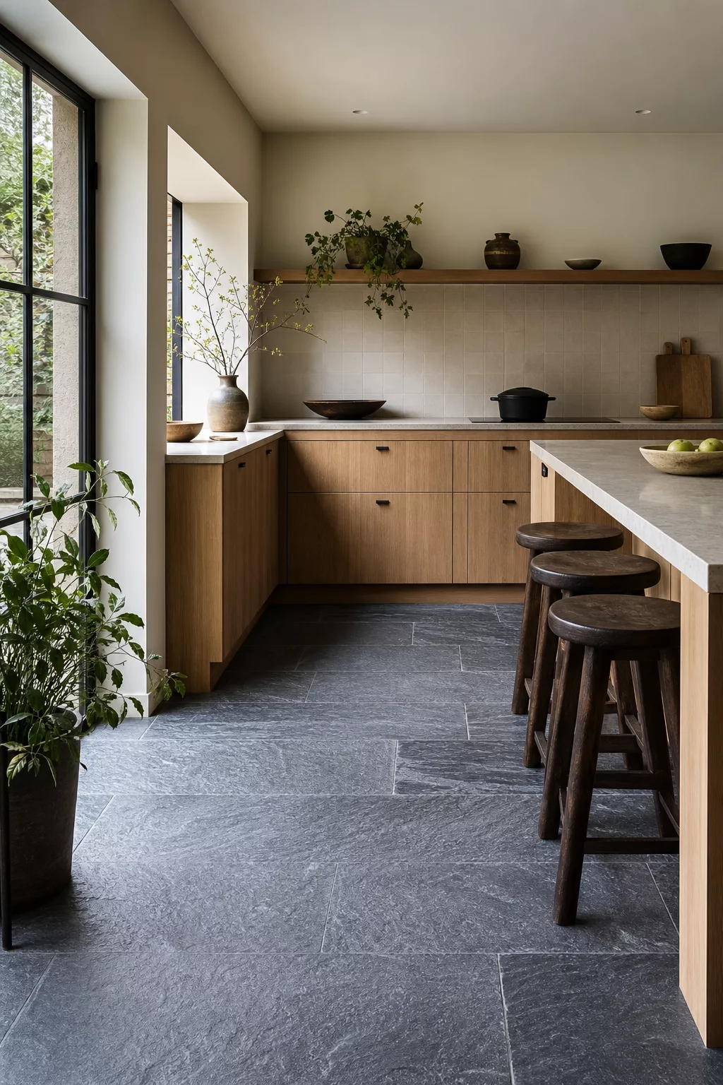 Riven charcoal slate flooring, one of the best Japandi kitchen floor ideas for a natural kitchen