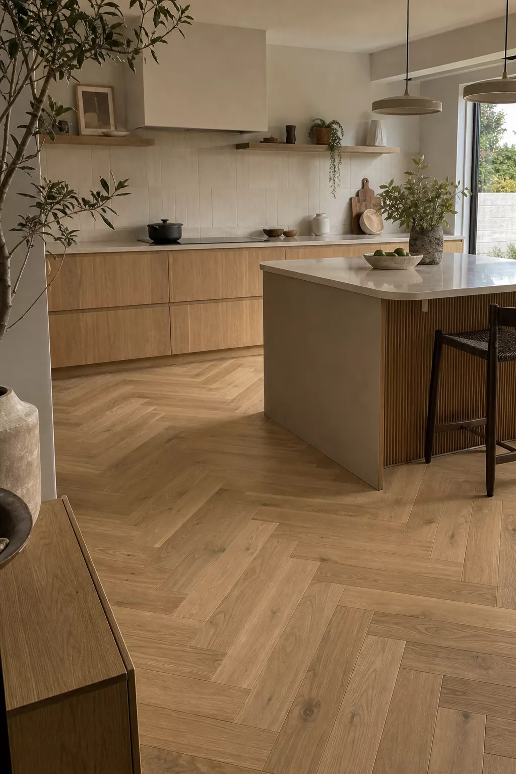 Japandi kitchen floor ideas with warm oak herringbone flooring and wood island