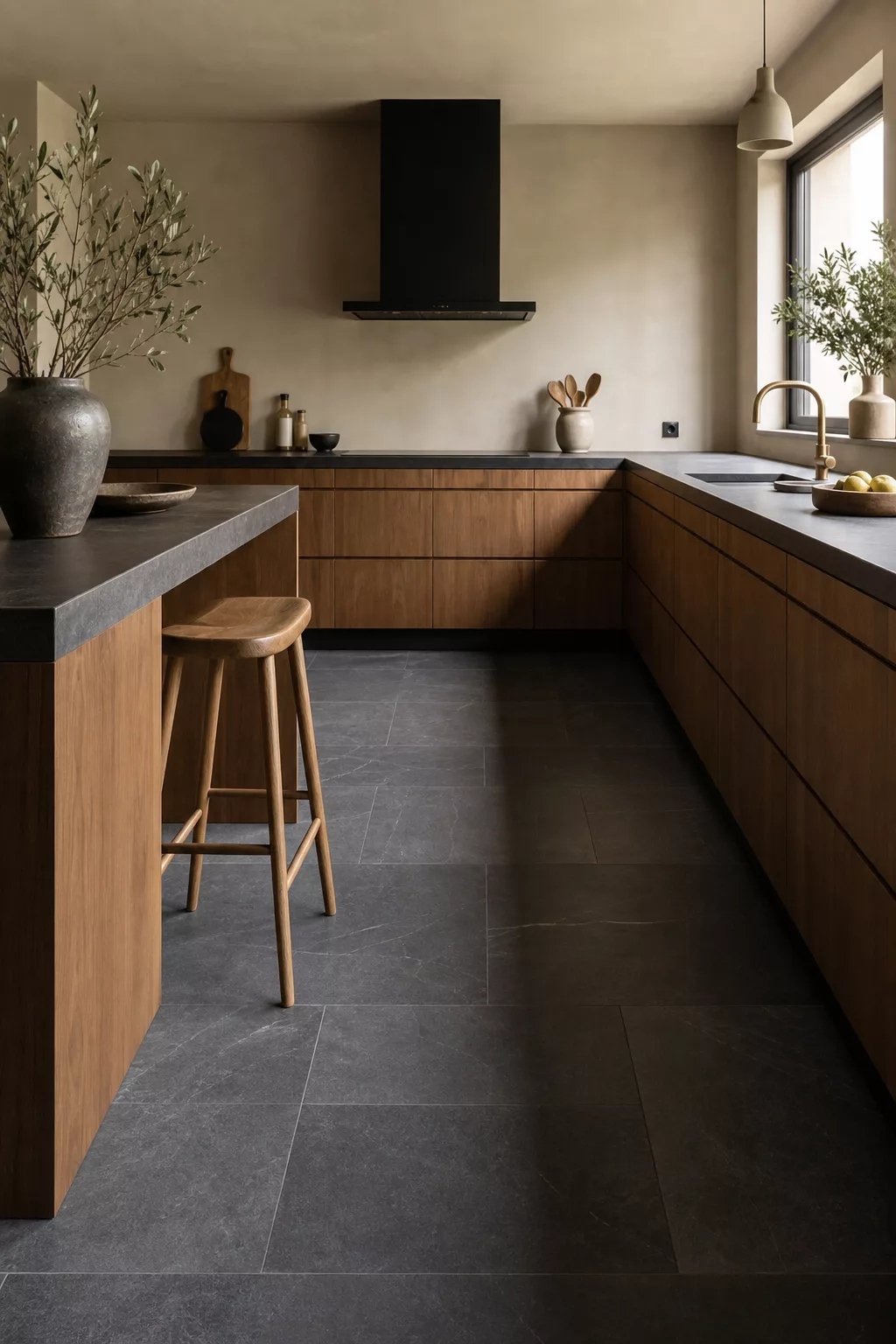 Japandi kitchen floor ideas with matte charcoal stone tile and oak cabinetry