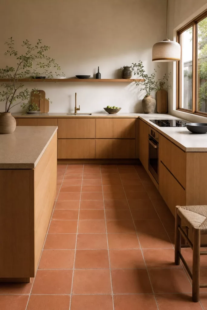Terracotta clay tile flooring in a Japandi kitchen with oak cabinetry