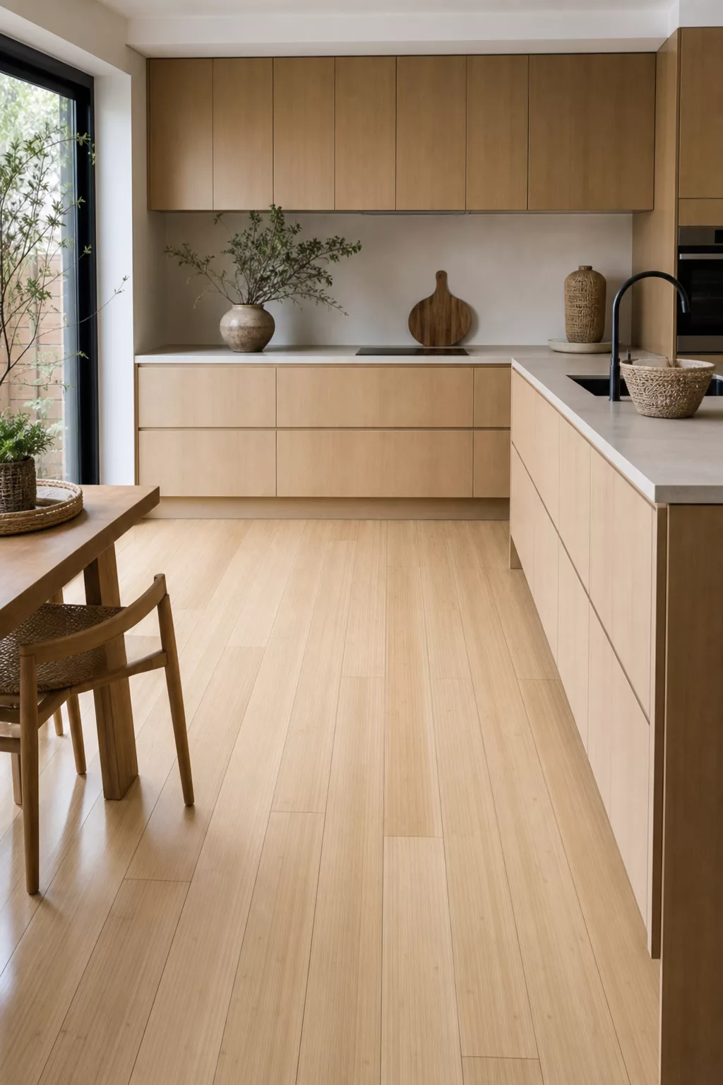 Pale bleached bamboo flooring in a Japandi kitchen with light wood cabinetry