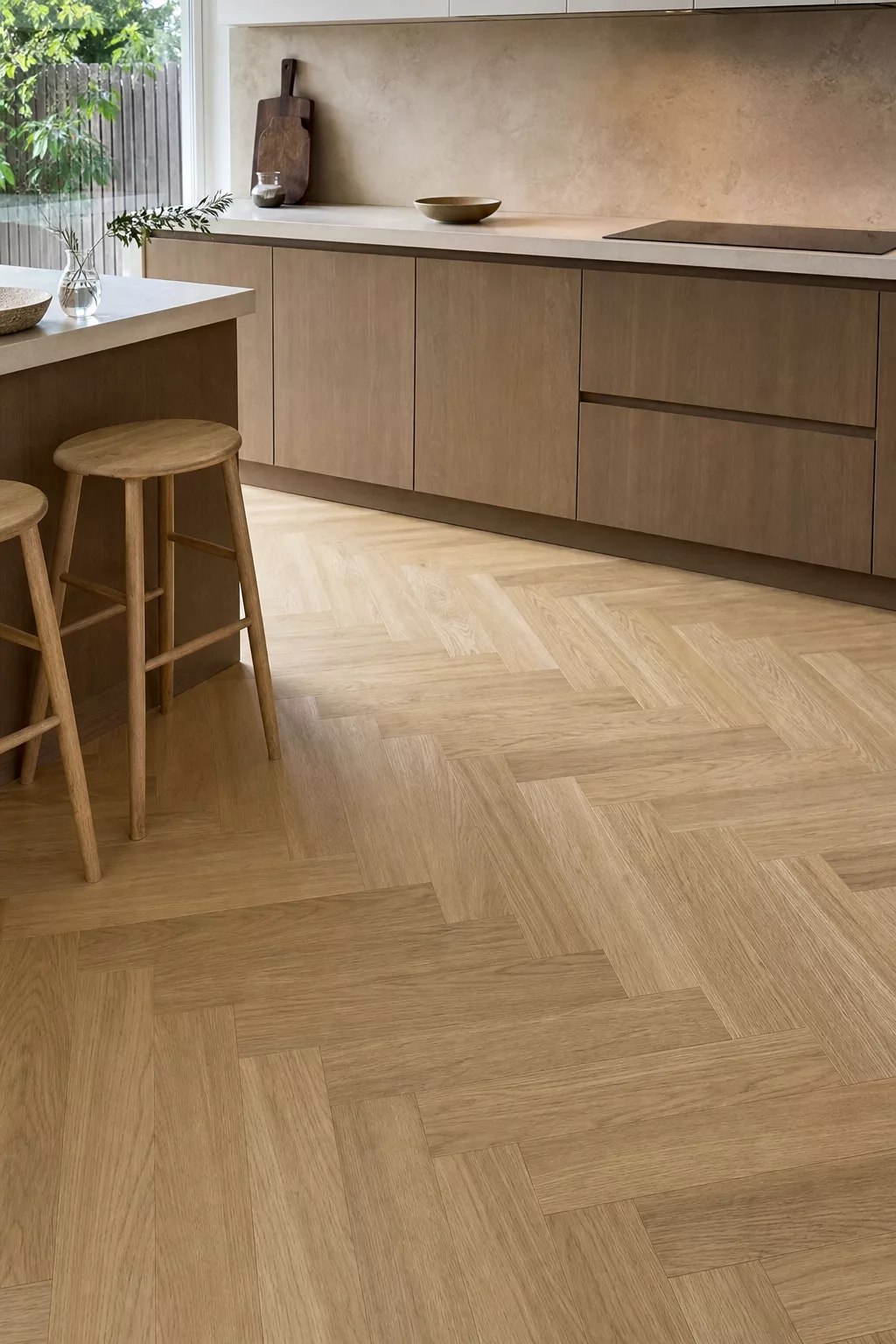 Japandi kitchen floor ideas shown through light oak herringbone flooring and wood cabinetry