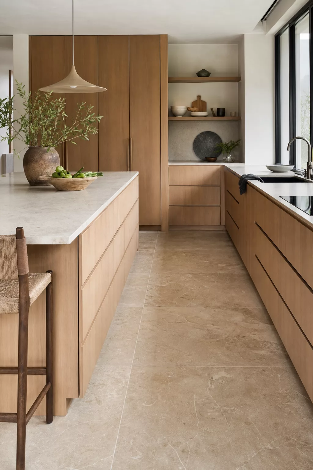 Japandi kitchen floor ideas shown with pale limestone slab flooring and oak cabinetry