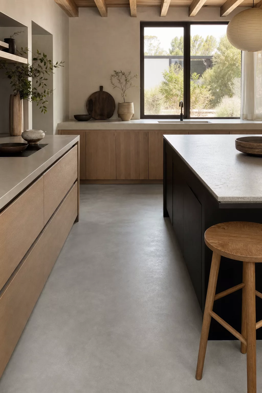 Japandi Kitchen Floor Ideas featuring seamless soft gray micro-cement flooring
