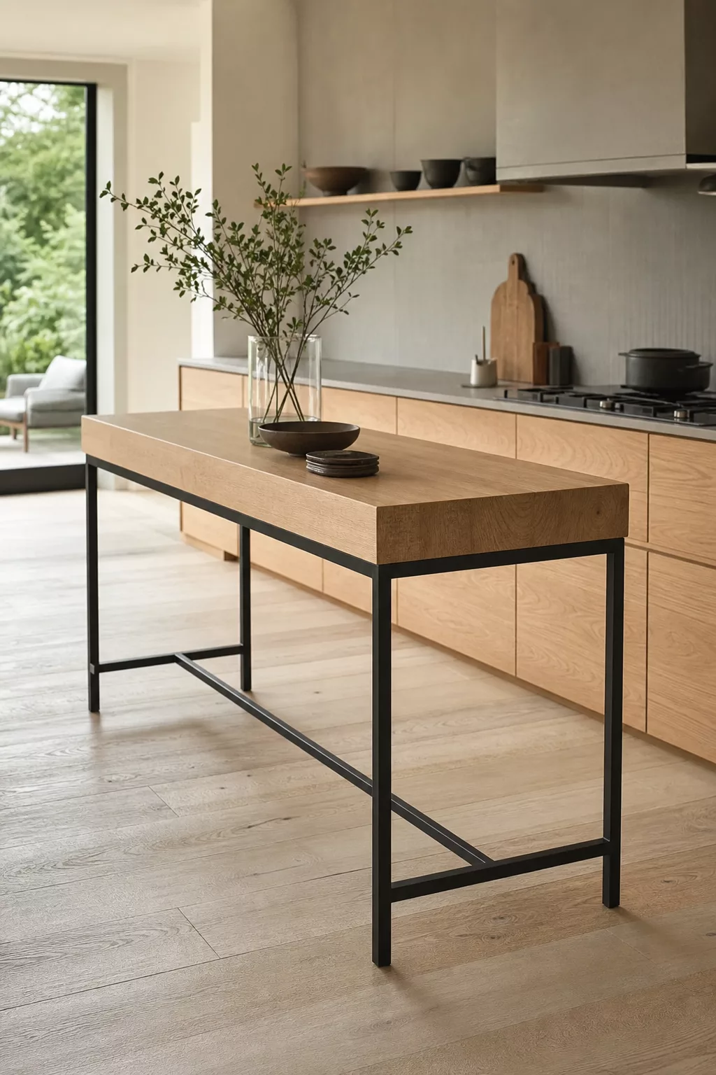 Narrow white oak island with black steel legs, a Japandi kitchen island design