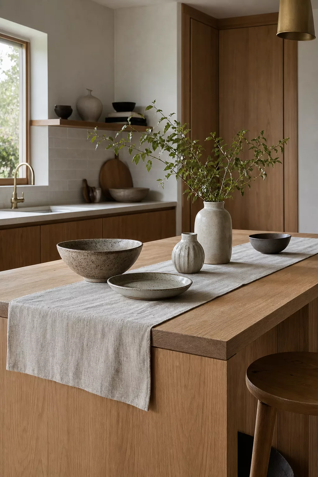 Japandi kitchen island design styled with ceramic bowls, vases and a linen runner