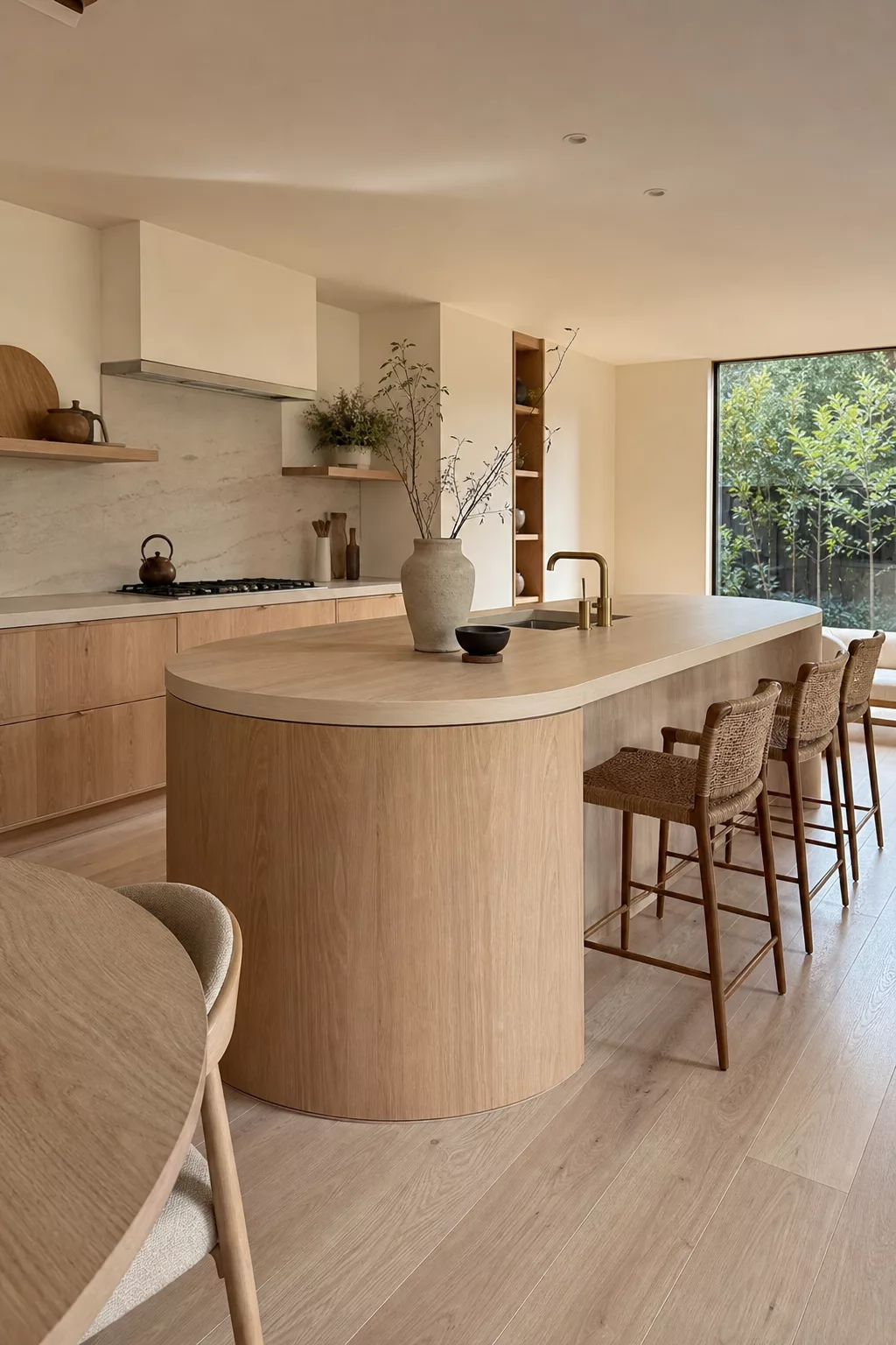 Curved pale wood island, a standout among Japandi Kitchen Island Designs