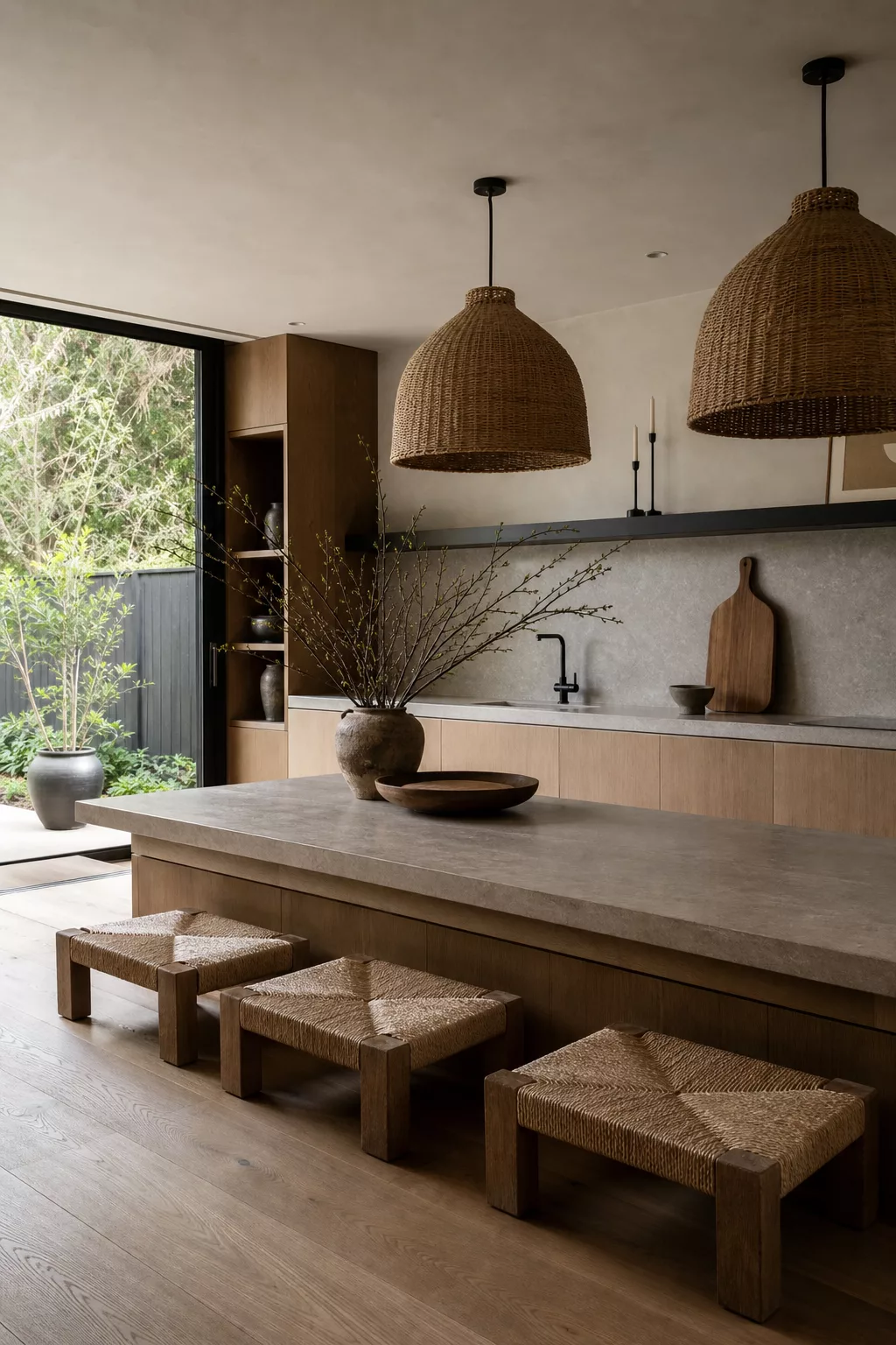 Japandi kitchen island design with woven rattan pendants and low wood rush stools