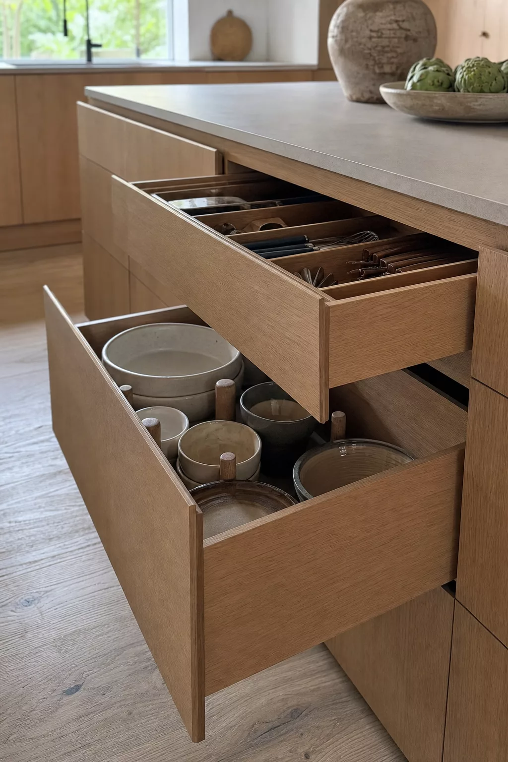 Open wood drawers with peg dividers, a Japandi kitchen island design detail