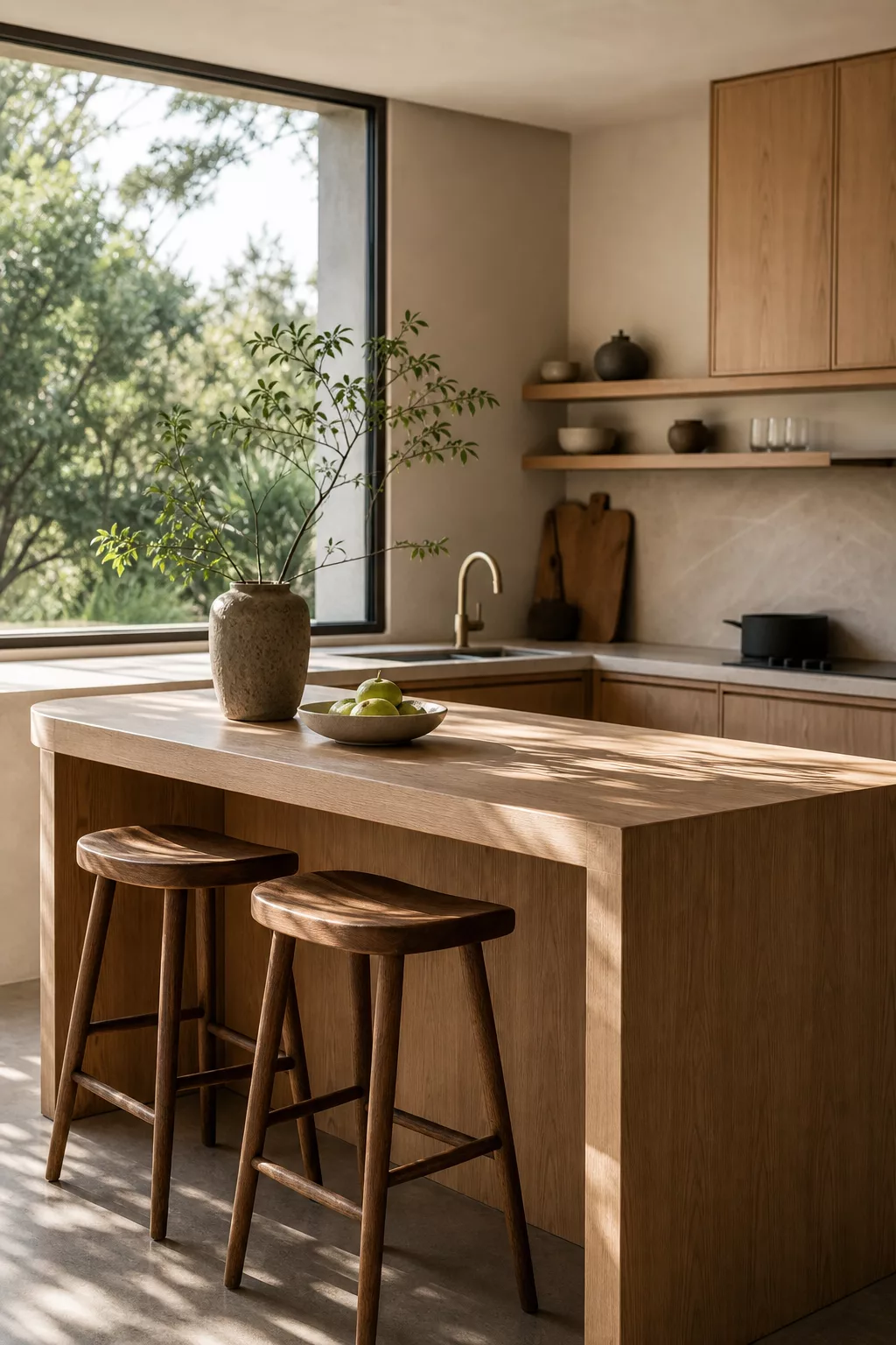 Japandi kitchen island design bathed in natural window light with wood tones