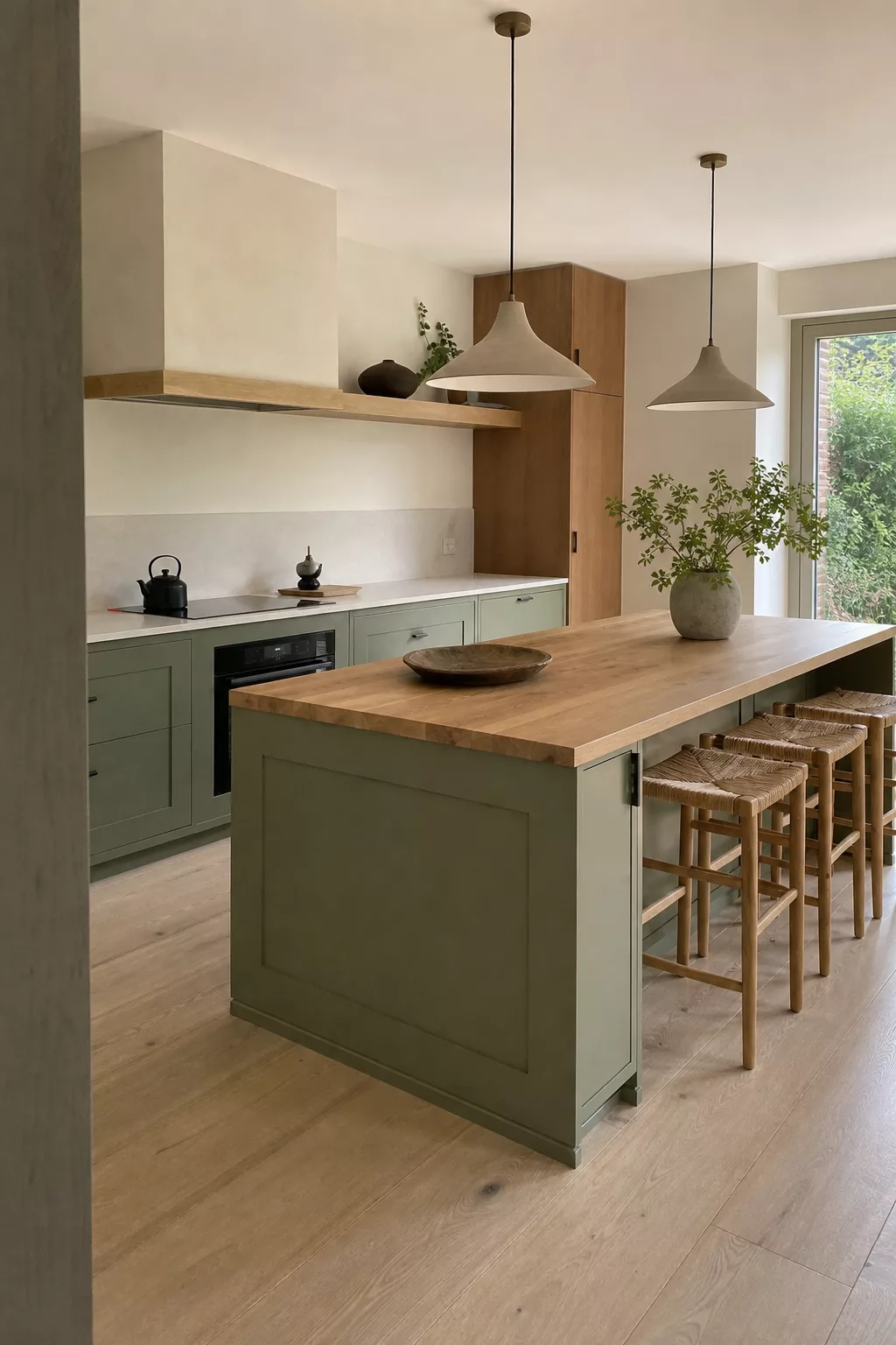 Sage green kitchen island with oak countertop, a calm Japandi kitchen island design