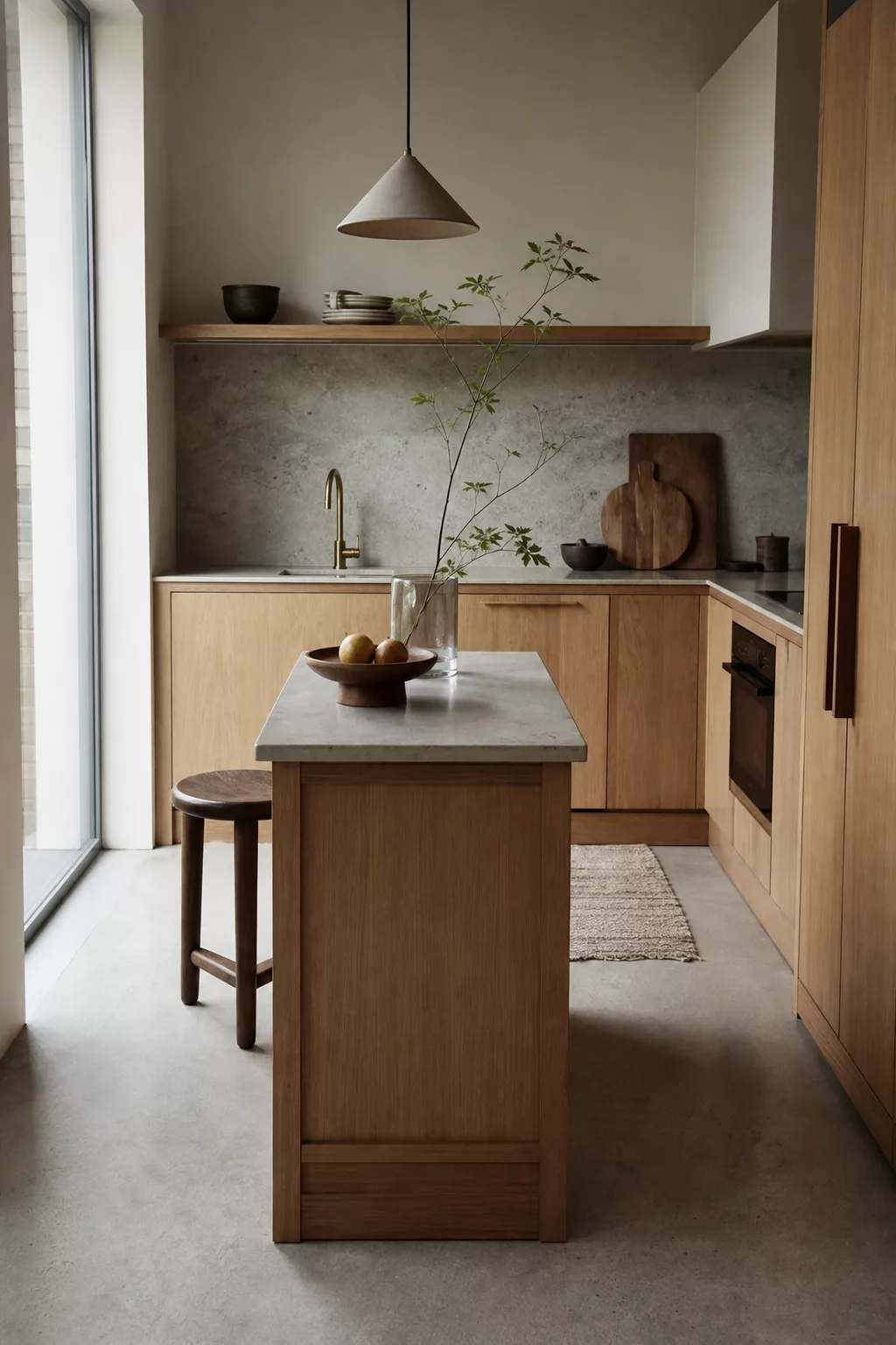 Slim wood island in a compact Japandi kitchen island design with stone counter and narrow clearance