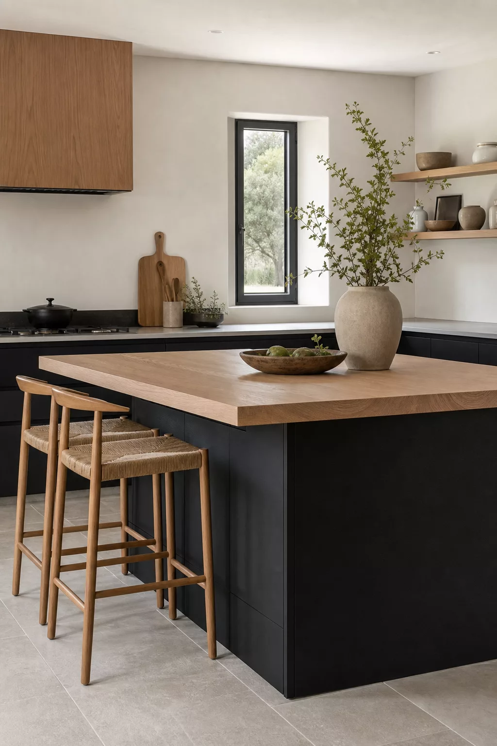Two-tone black and oak island, a favorite among Japandi kitchen island designs
