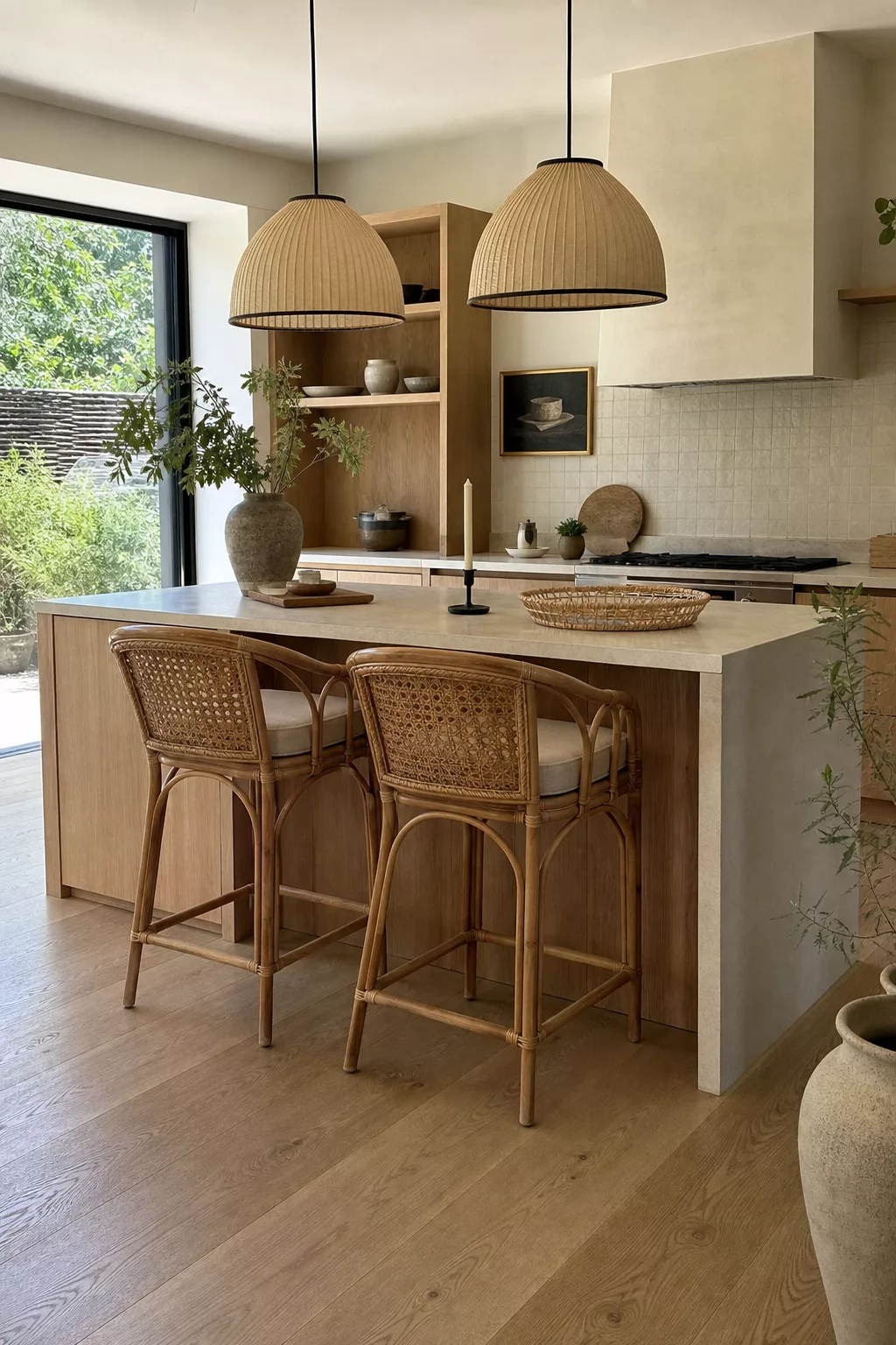 Japandi kitchen island design with oak cabinetry and woven rattan bar stools