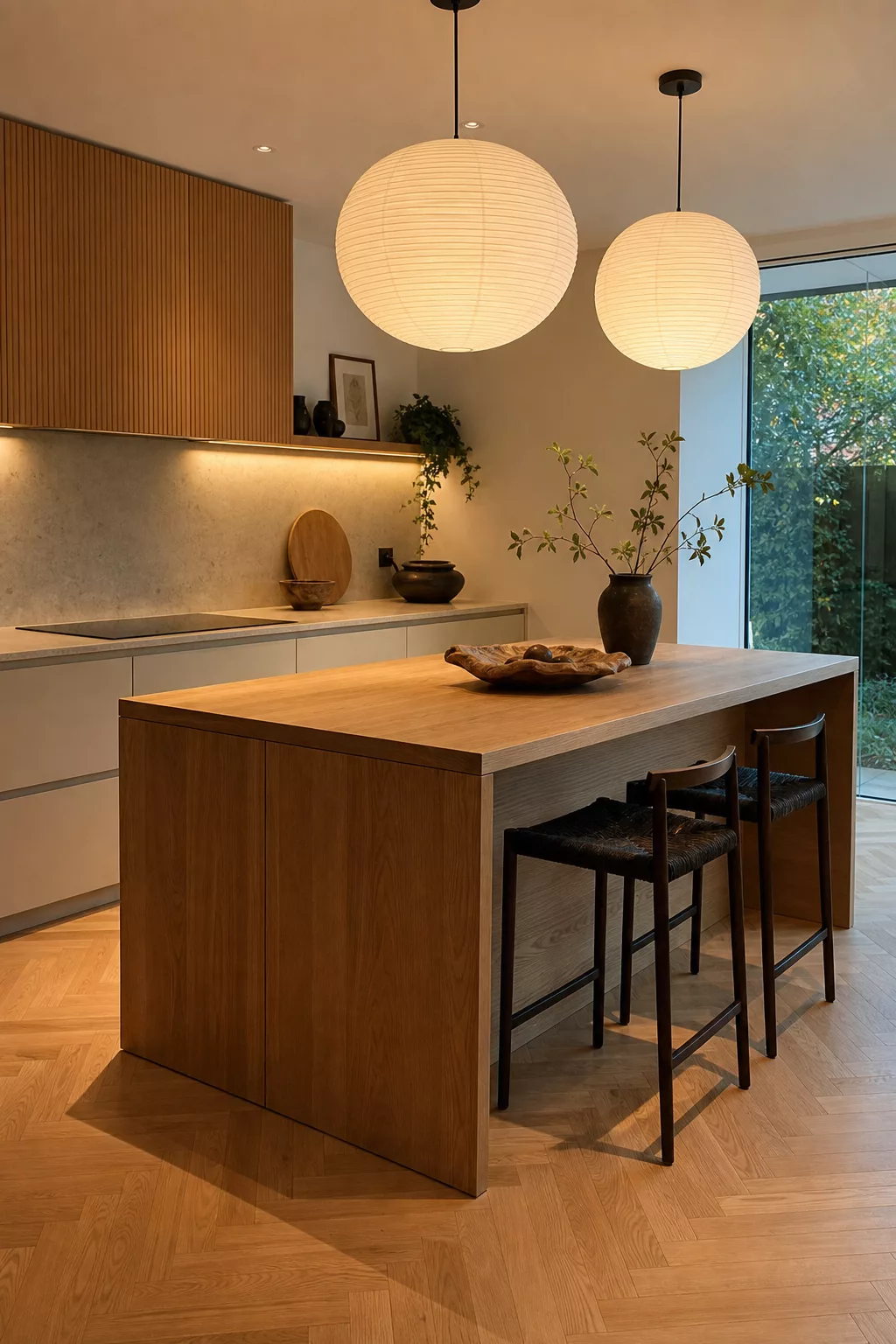Oak kitchen island with paper lantern pendants, a Japandi kitchen island design at dusk