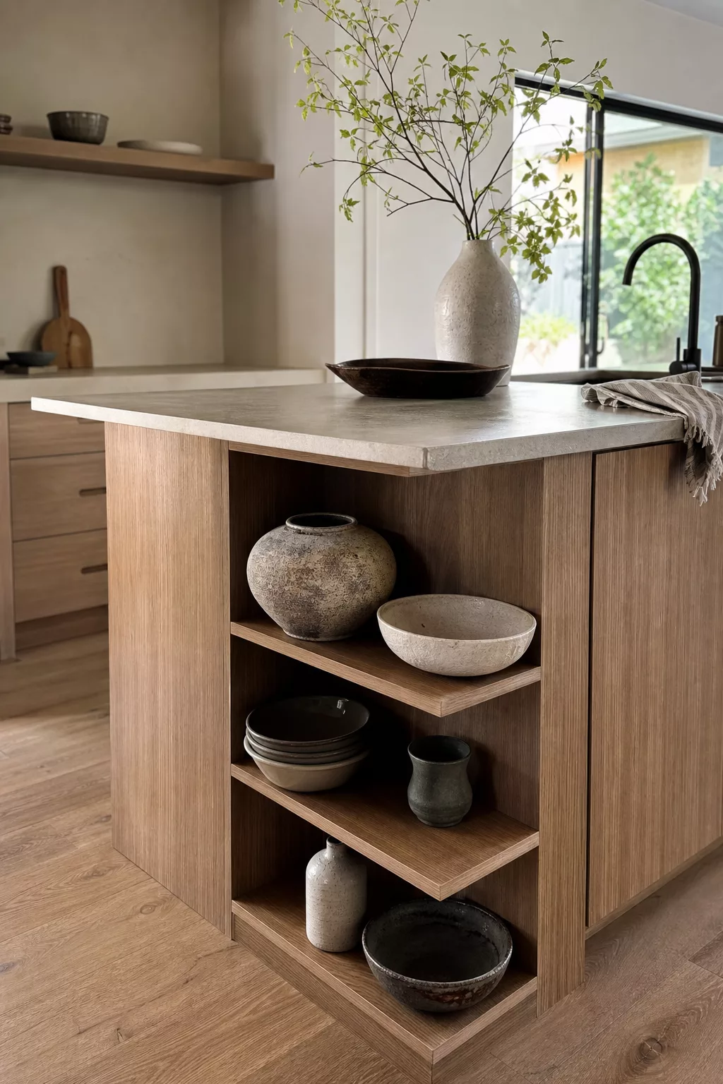 Japandi kitchen island design with open wood shelving displaying ceramic bowls and vases