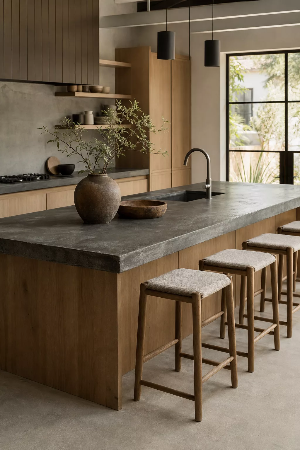 Charcoal concrete kitchen island with oak stools, a top Japandi kitchen island design