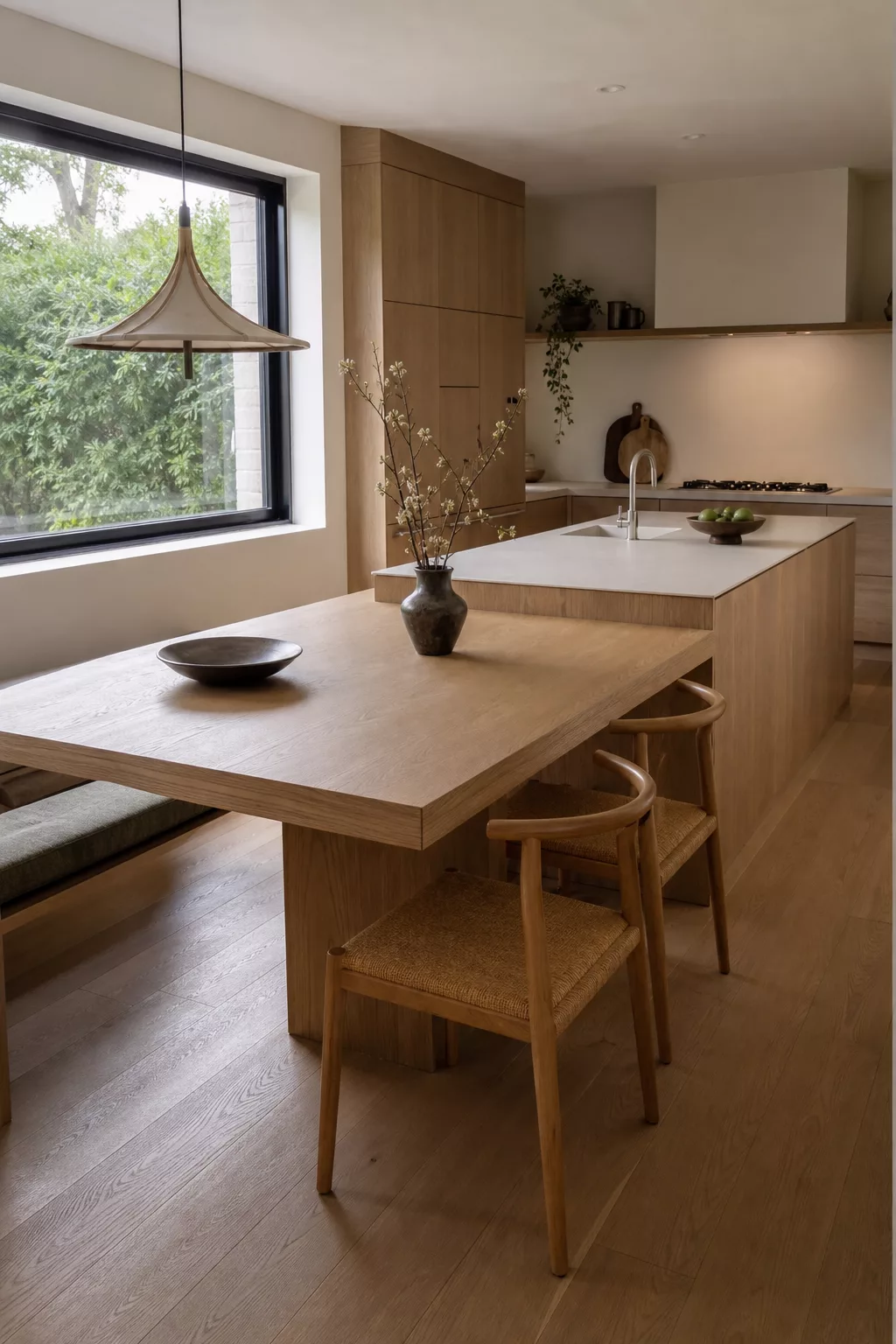 Japandi kitchen island designs with built-in wood dining table extension and bench seating
