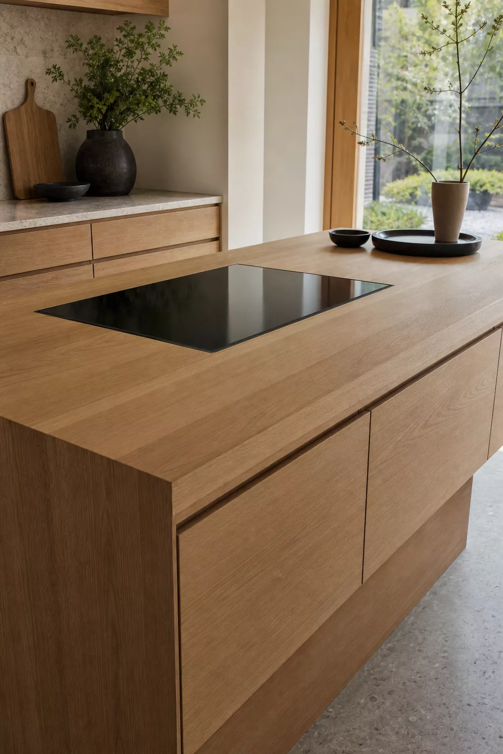 Japandi kitchen island design featuring a flush black induction cooktop set into oak wood