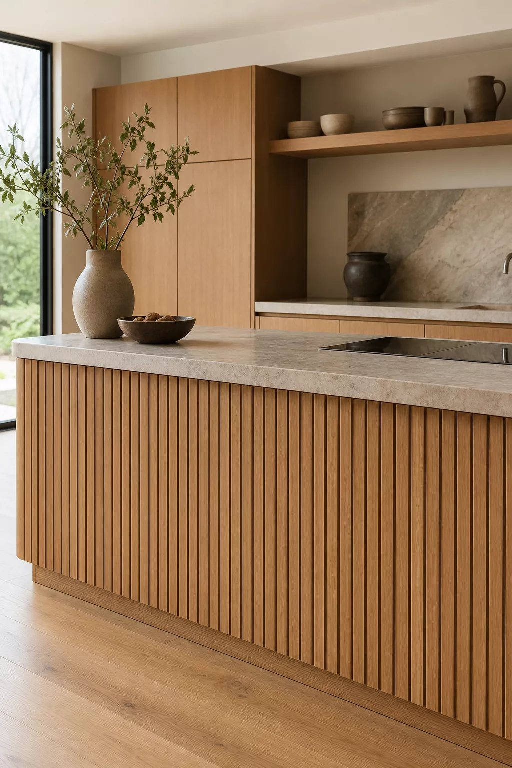 Reeded wood slat island front in a Japandi kitchen island design with stone countertop