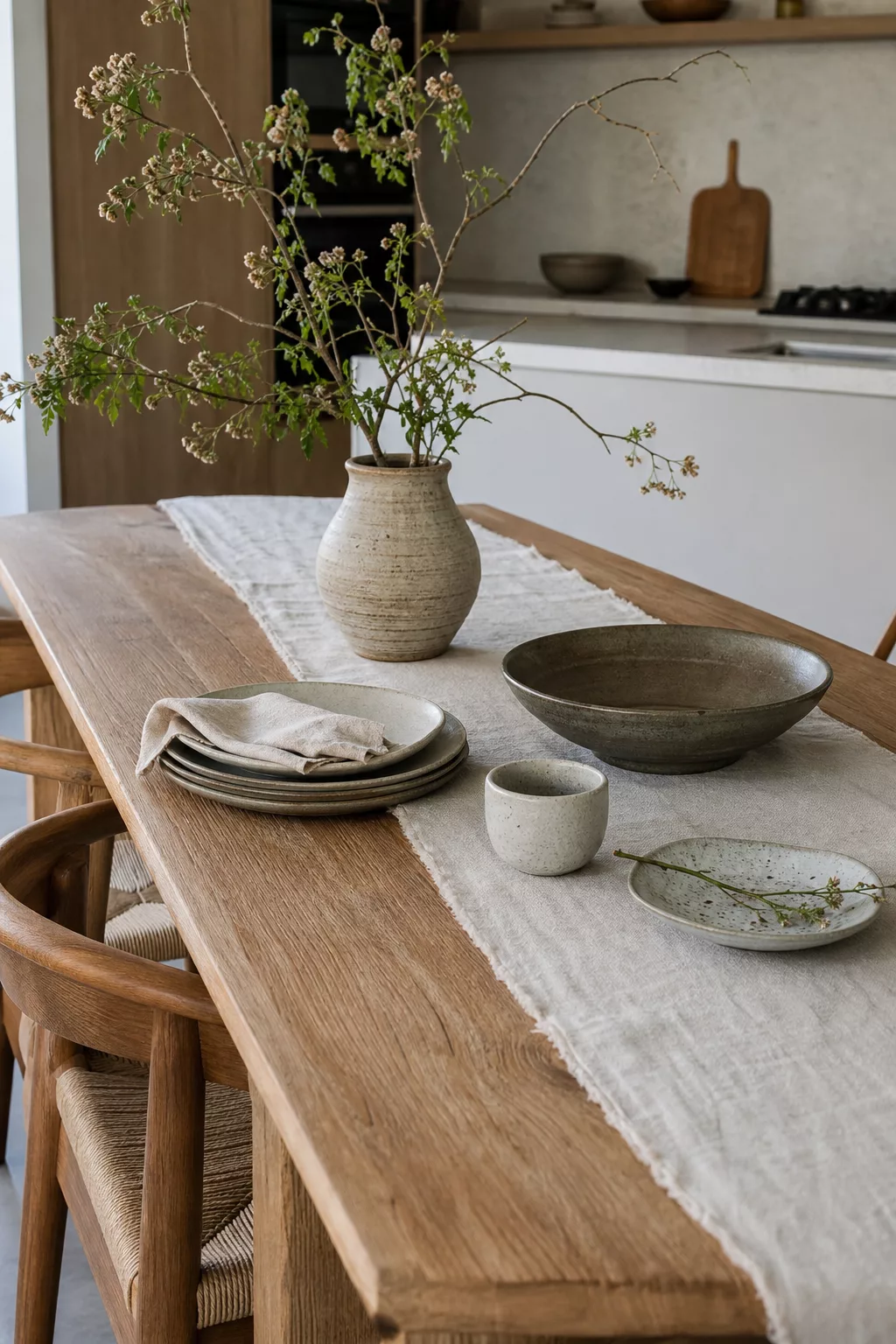 Japandi kitchen table ideas with linen runner and handmade ceramic tableware