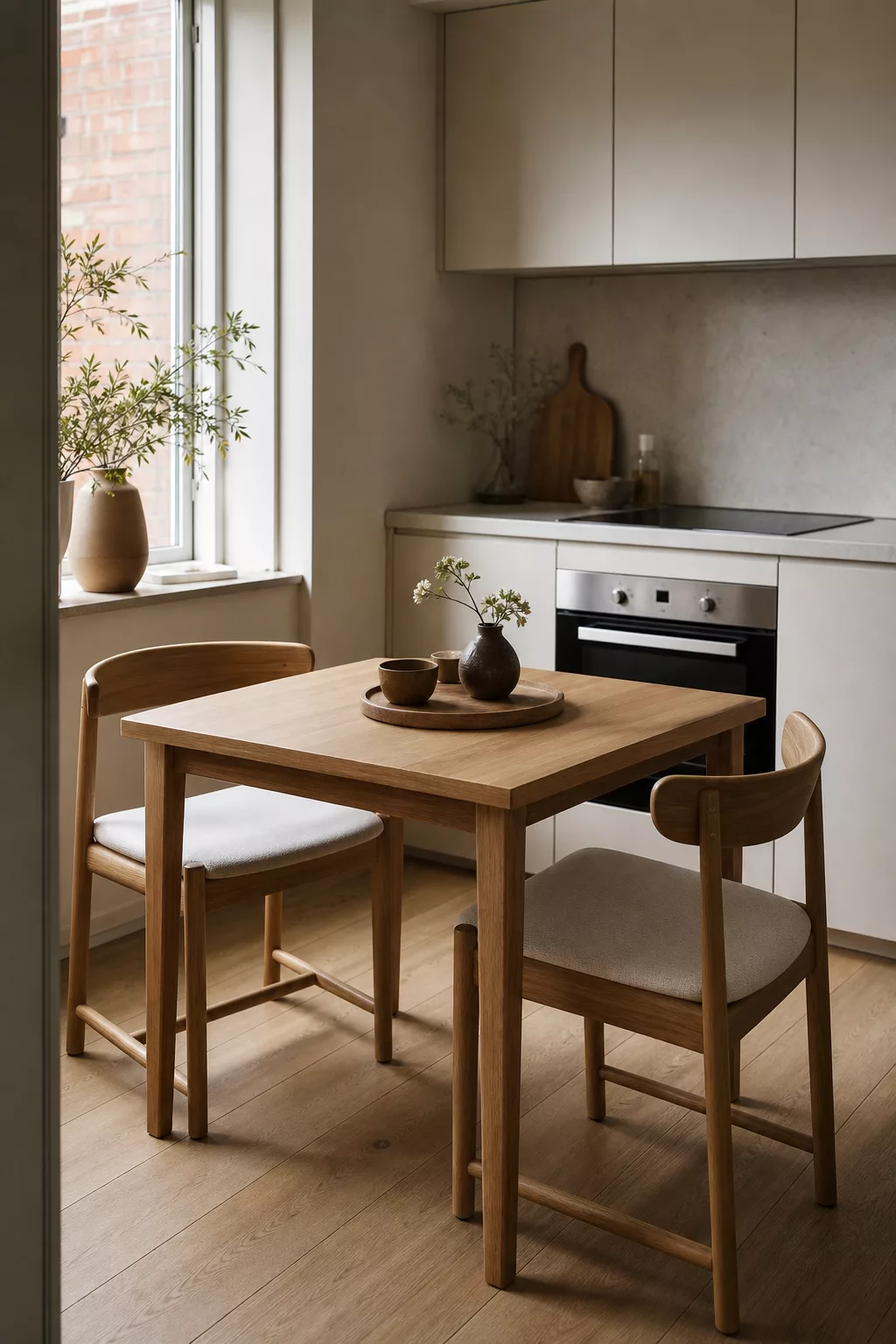 Small square oak table for two, a compact Japandi kitchen table idea