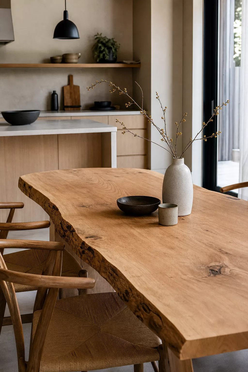 Live-edge wood slab table in a Japandi kitchen, a detail-rich Japandi kitchen table idea
