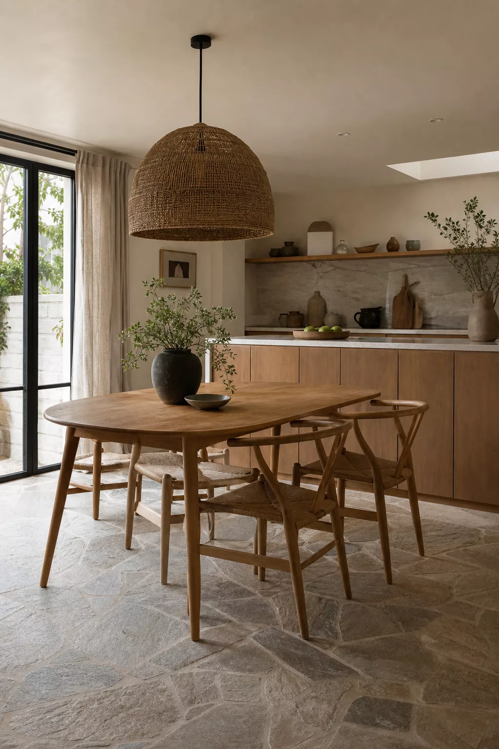 Japandi kitchen table ideas with woven pendant light and stone floor