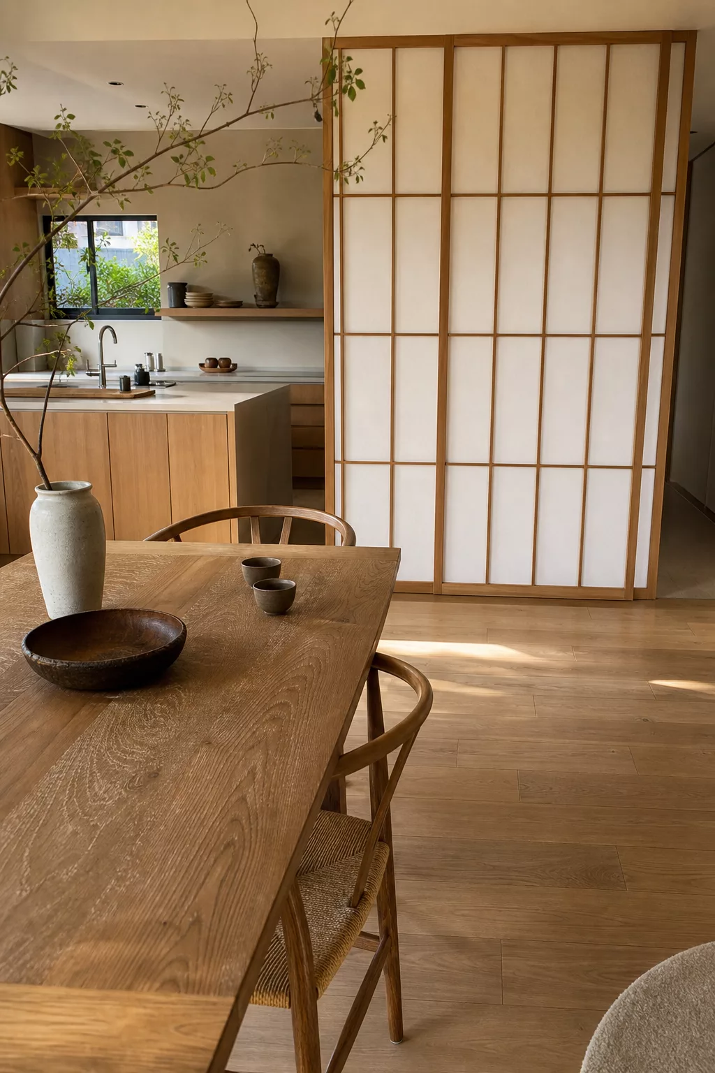 Japandi kitchen table ideas featuring wood dining table and sliding shoji screen