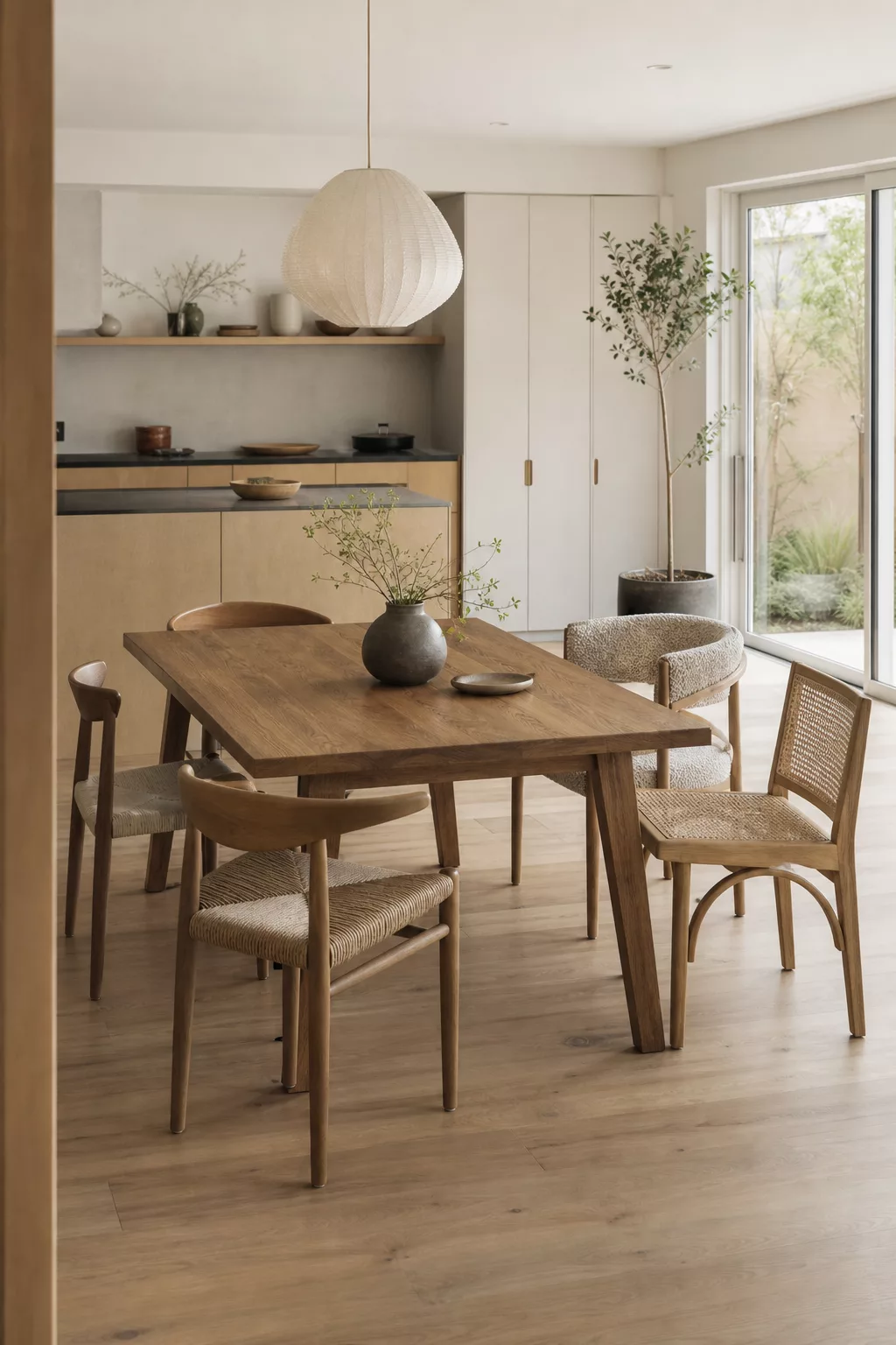 Japandi kitchen table ideas with mismatched wood chairs around an oak dining table