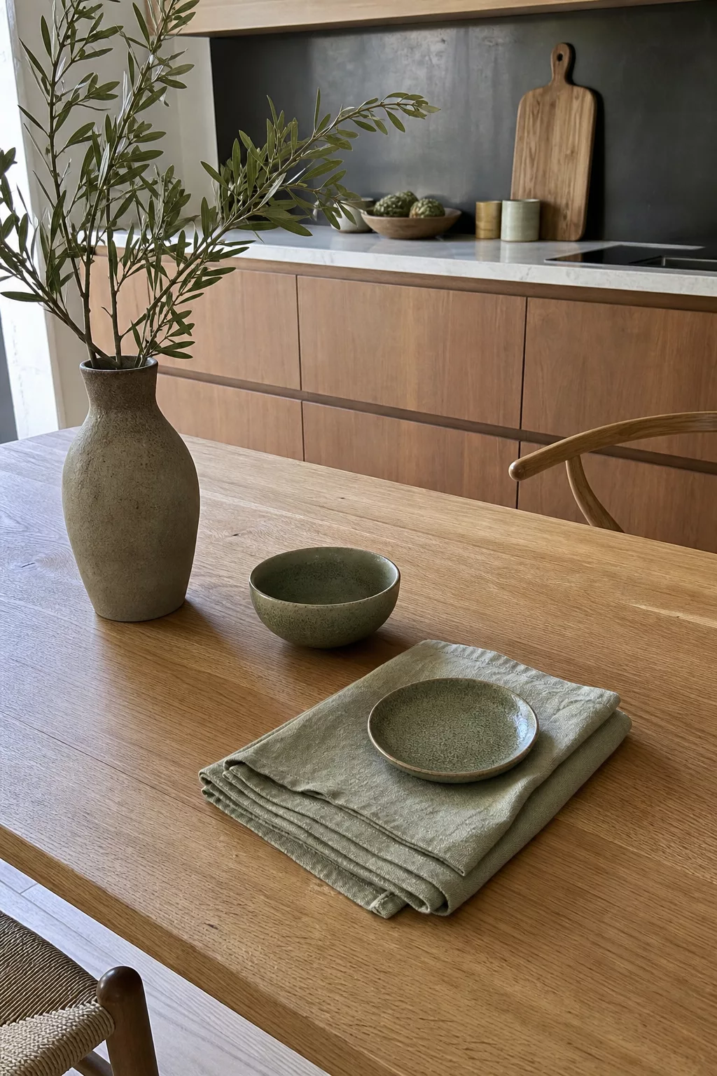 Sage green ceramics on wood table, Japandi kitchen table ideas with olive branch vase