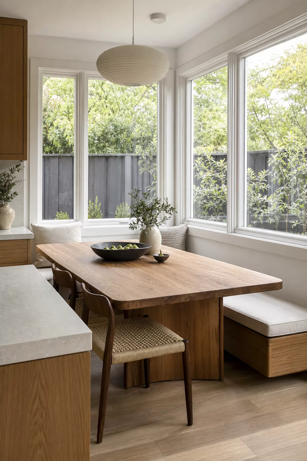 Corner window nook with wood table, one of many Japandi Kitchen Table Ideas