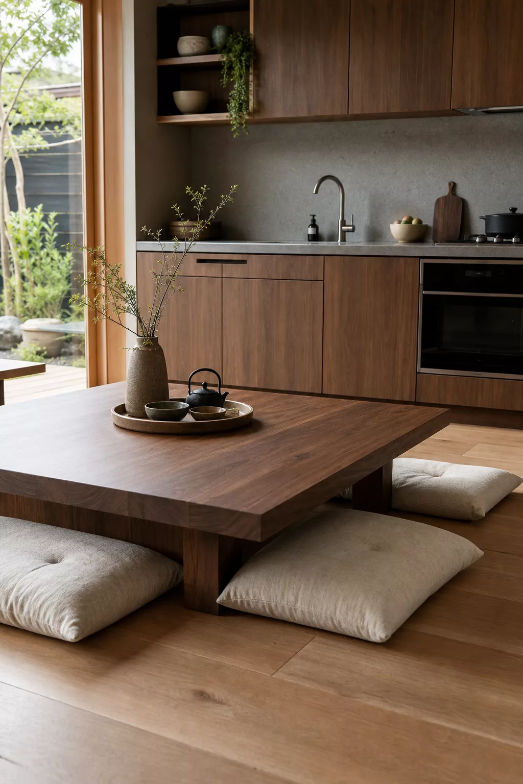 Low walnut dining table with floor cushions, a Japandi kitchen table idea