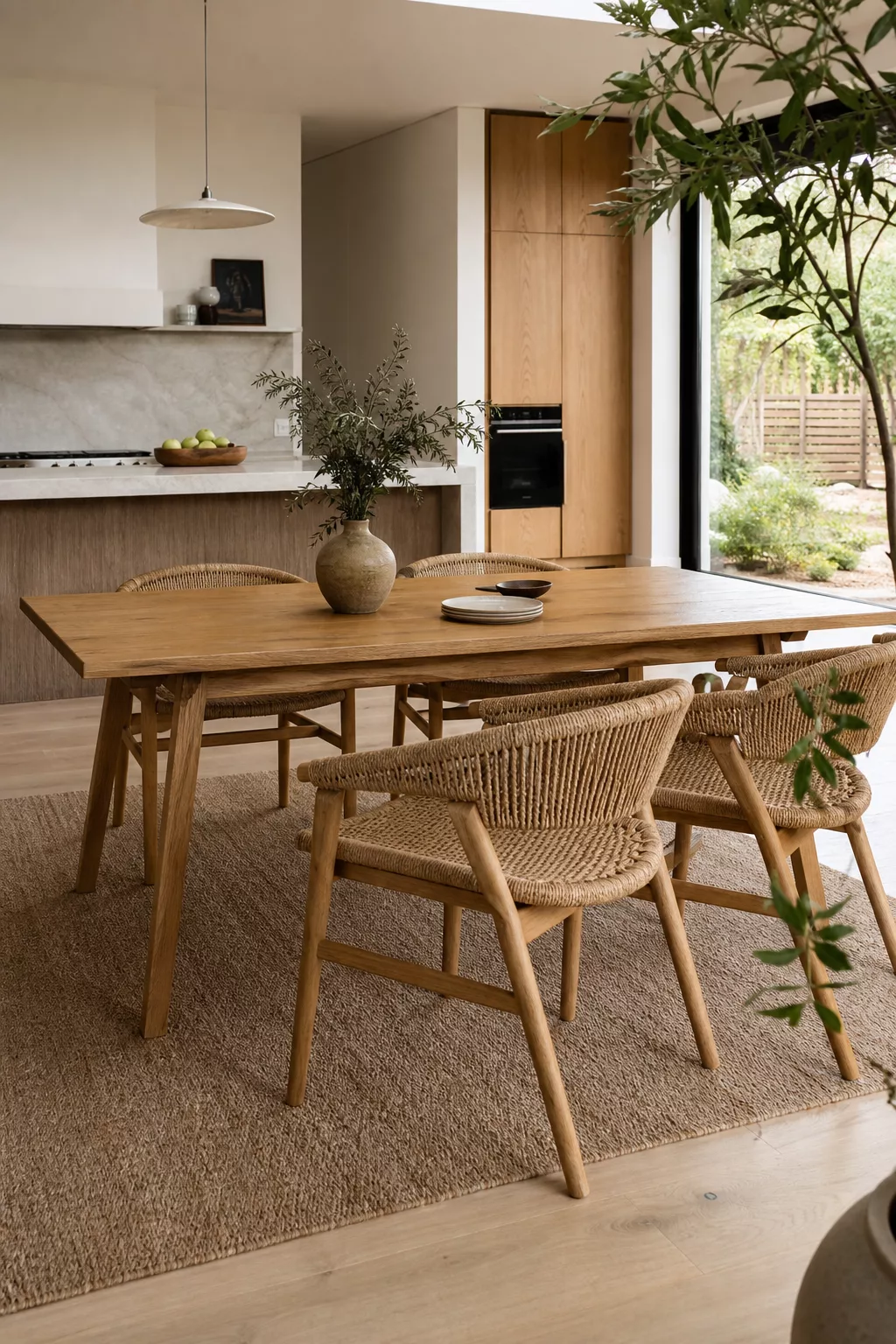 Japandi kitchen table ideas with woven rattan chairs around an oak dining table