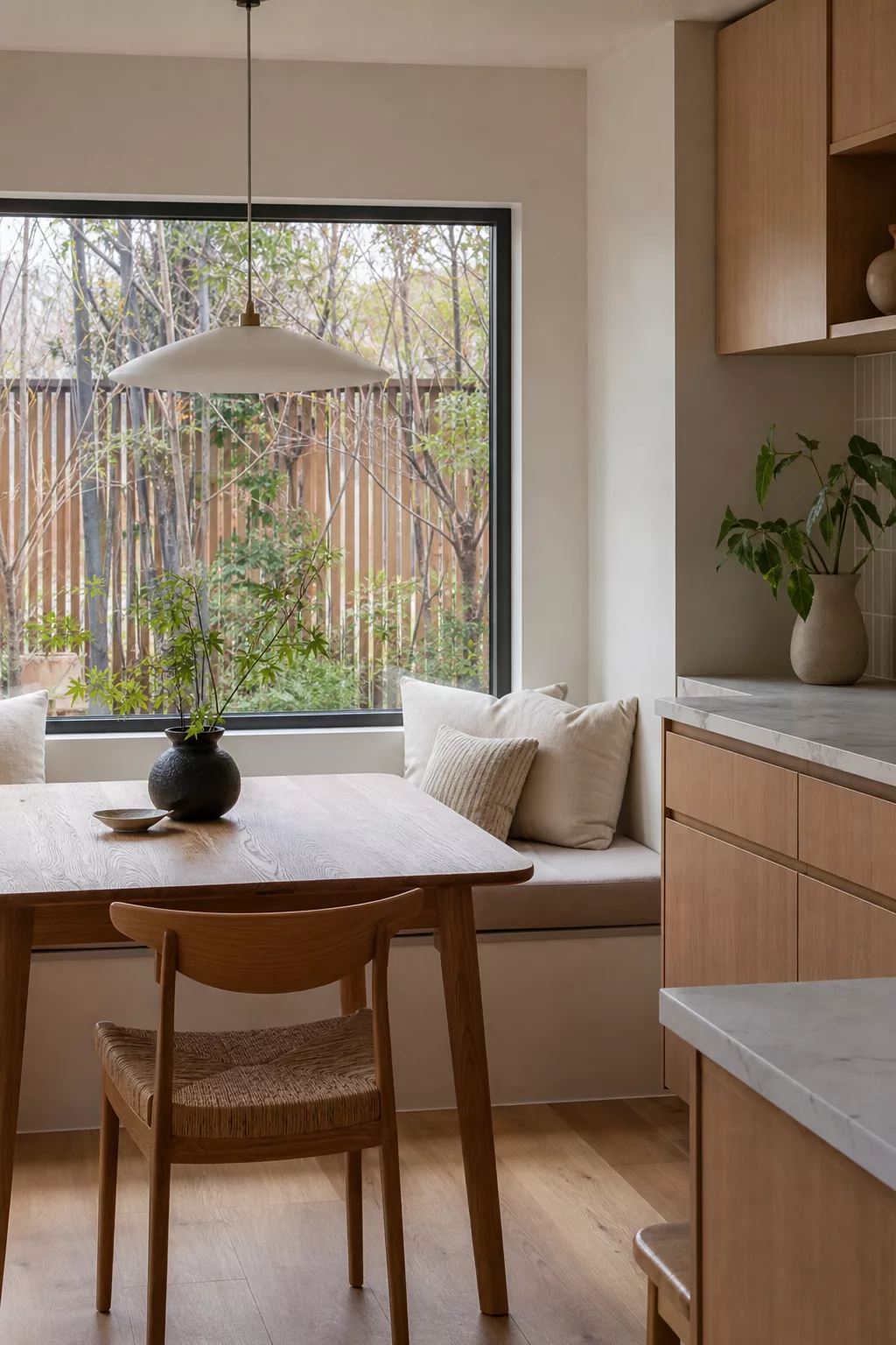 Japandi kitchen table ideas with built-in window bench nook and oak dining table