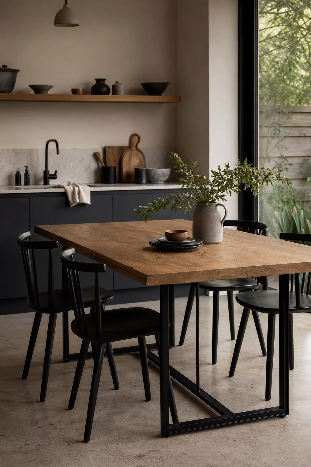 Wood table with black steel legs in a Japandi kitchen table ideas setting